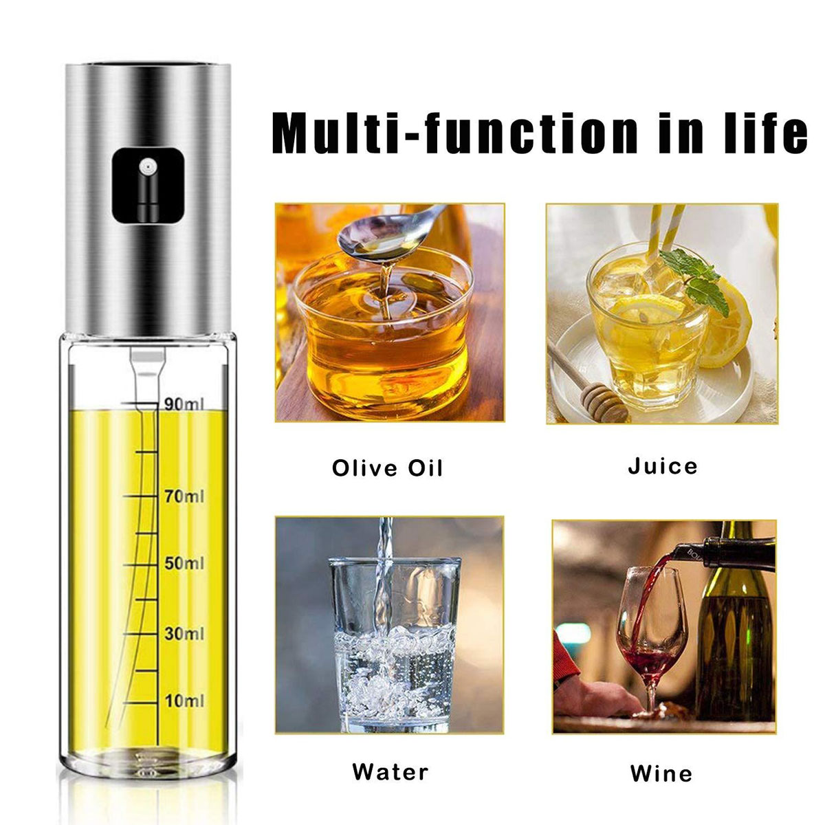 Eine multifunktionale Sprühflasche mit Beispielen für Olivenöl, Saft, Wasser und Wein. Die Flasche hat einen silbernen Deckel und einen Glasbehälter.