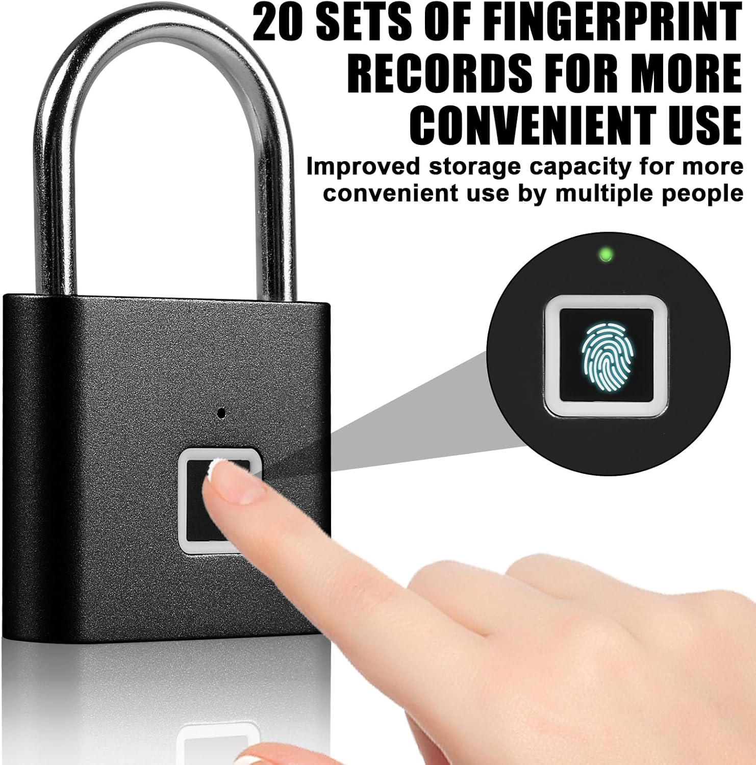 Eine Hand berührt ein schwarzes Vorhängeschloss mit Fingerabdrucksensor. Ein Fingerabdrucksymbol ist sichtbar.