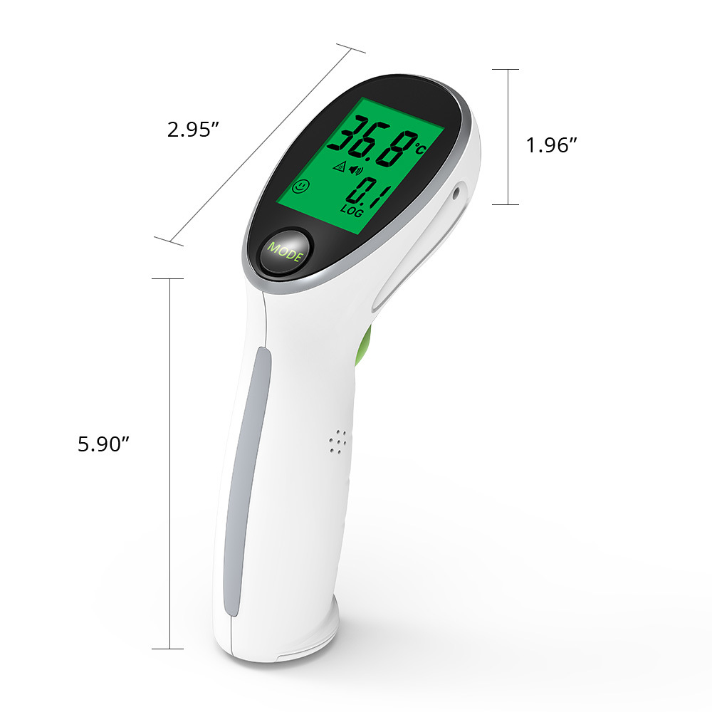 Ein weißes und graues digitales Thermometer zeigt 36,8 Grad Celsius an. Abmessungen sind ebenfalls angegeben. Modus-Taste ist sichtbar.