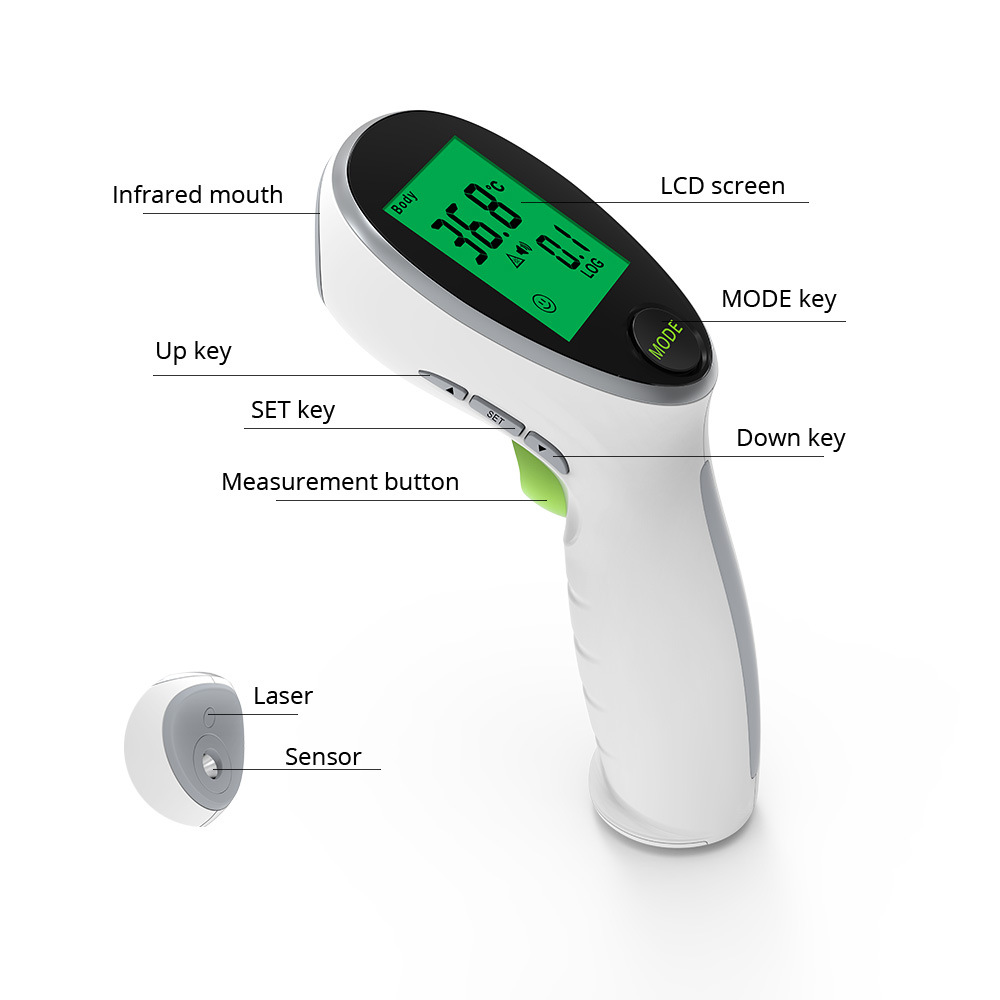 Ein weißes und graues Infrarot-Thermometer. Es hat ein grünes Display mit Temperaturanzeigen. Tasten sind beschriftet: Mode, Set, Up und Down.