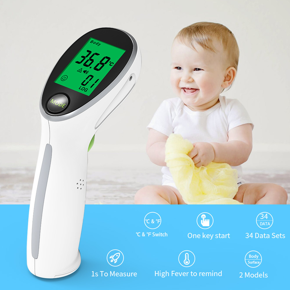 Ein Baby lächelt in der Nähe eines weißen und grünen digitalen Thermometers. Informationssymbole sind unten. Das Thermometer zeigt 36,8 Grad an.