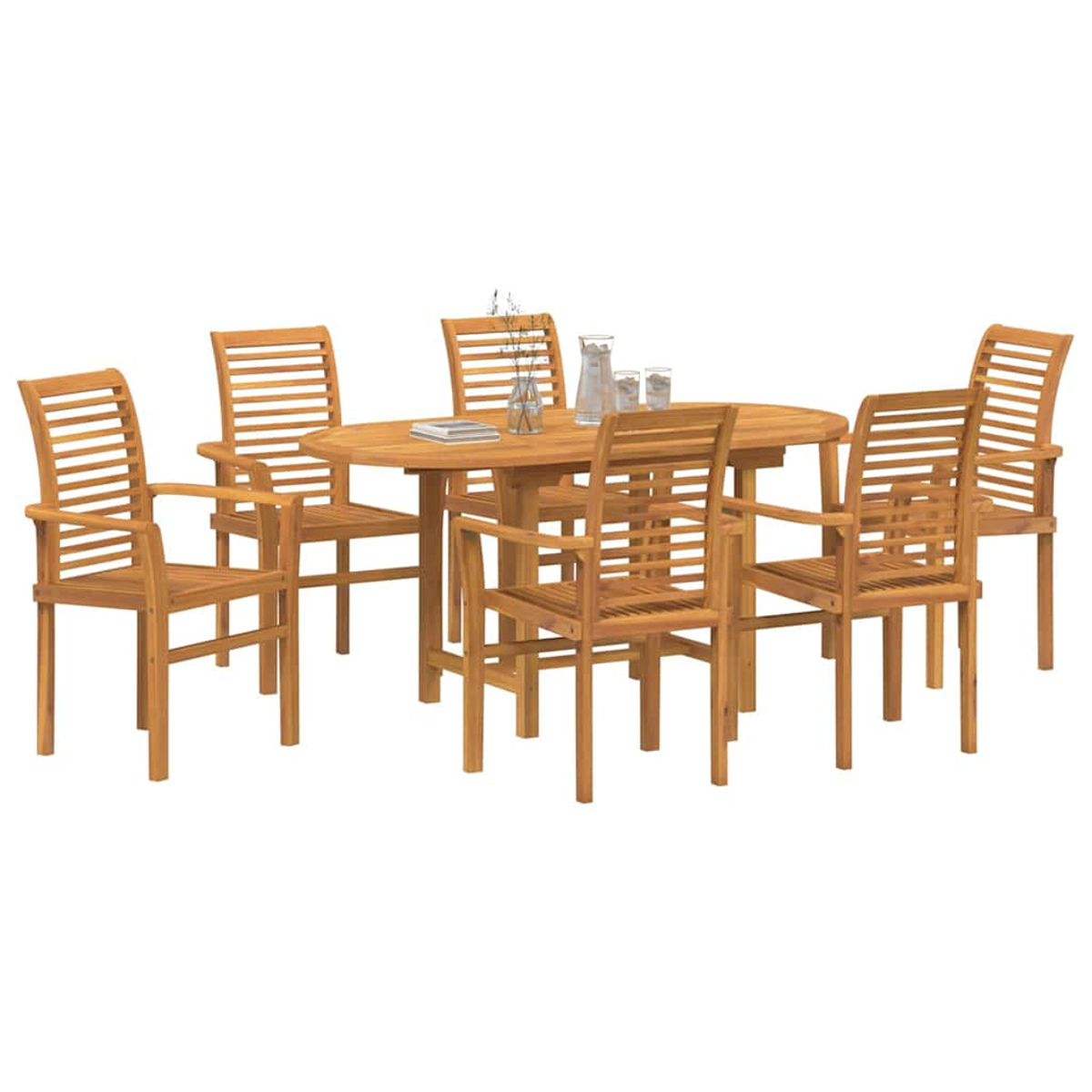 Un juego de comedor de madera para exteriores con mesa ovalada, seis sillas, una jarra y vasos. El juego es marrón claro sobre fondo blanco.