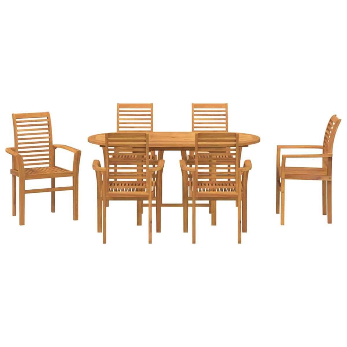Juego de comedor de madera para exteriores con mesa ovalada y seis sillas. Las sillas tienen respaldos de listones y reposabrazos. El conjunto está sobre fondo blanco.