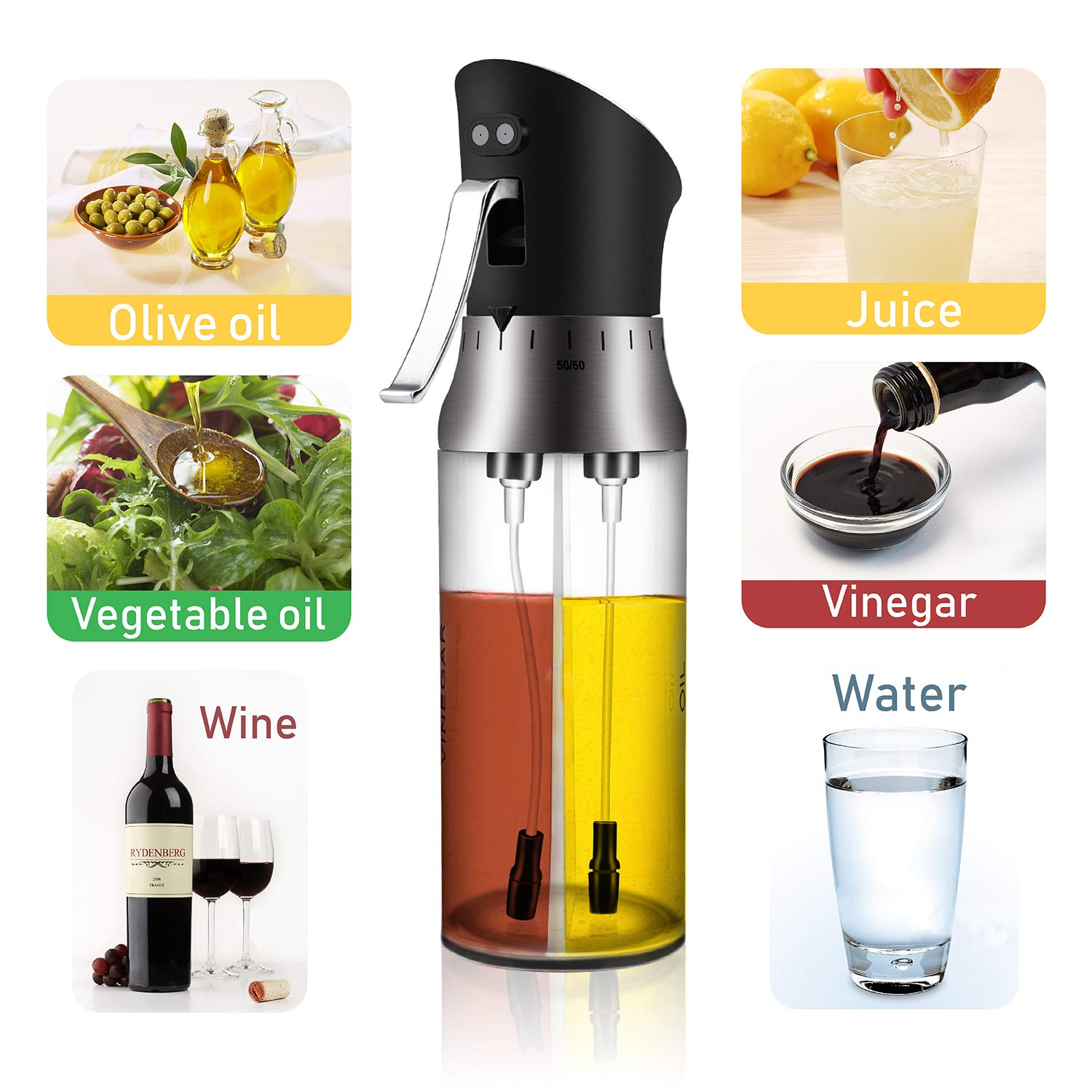 Ein dualer Ölsprüher mit Öl, Saft, Wein und Wasser. Zutaten sind Olivenöl, Pflanzenöl, Essig und Wasser.