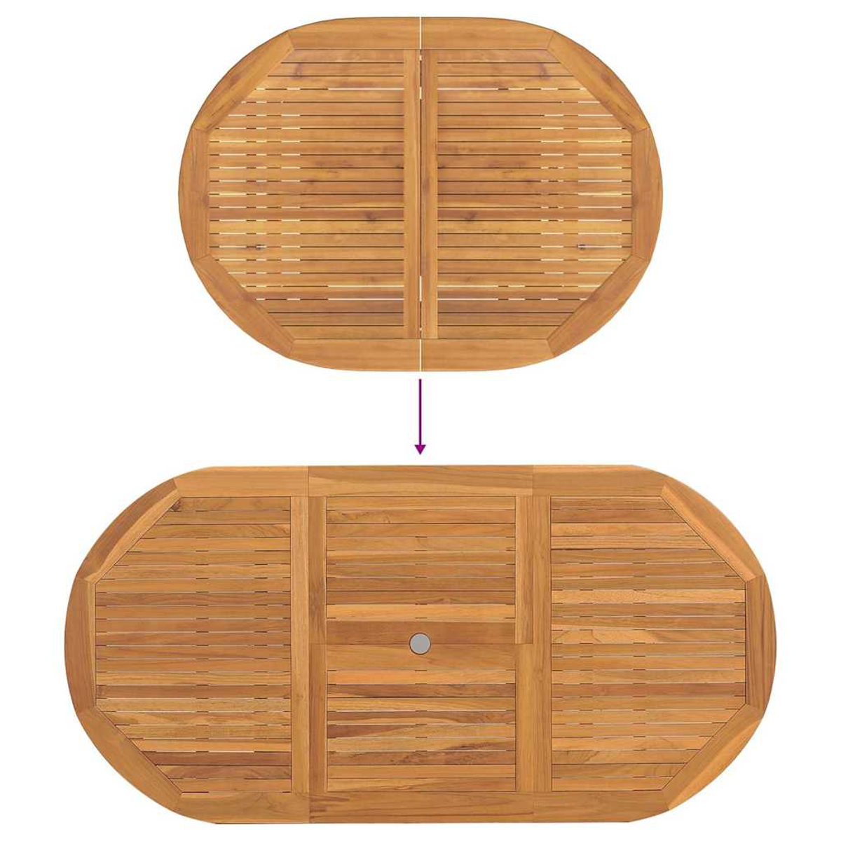 Mesa extensible de madera, vista superior. Una parte encima de la flecha, la otra debajo. Ambas son de forma ovalada con lamas de madera.