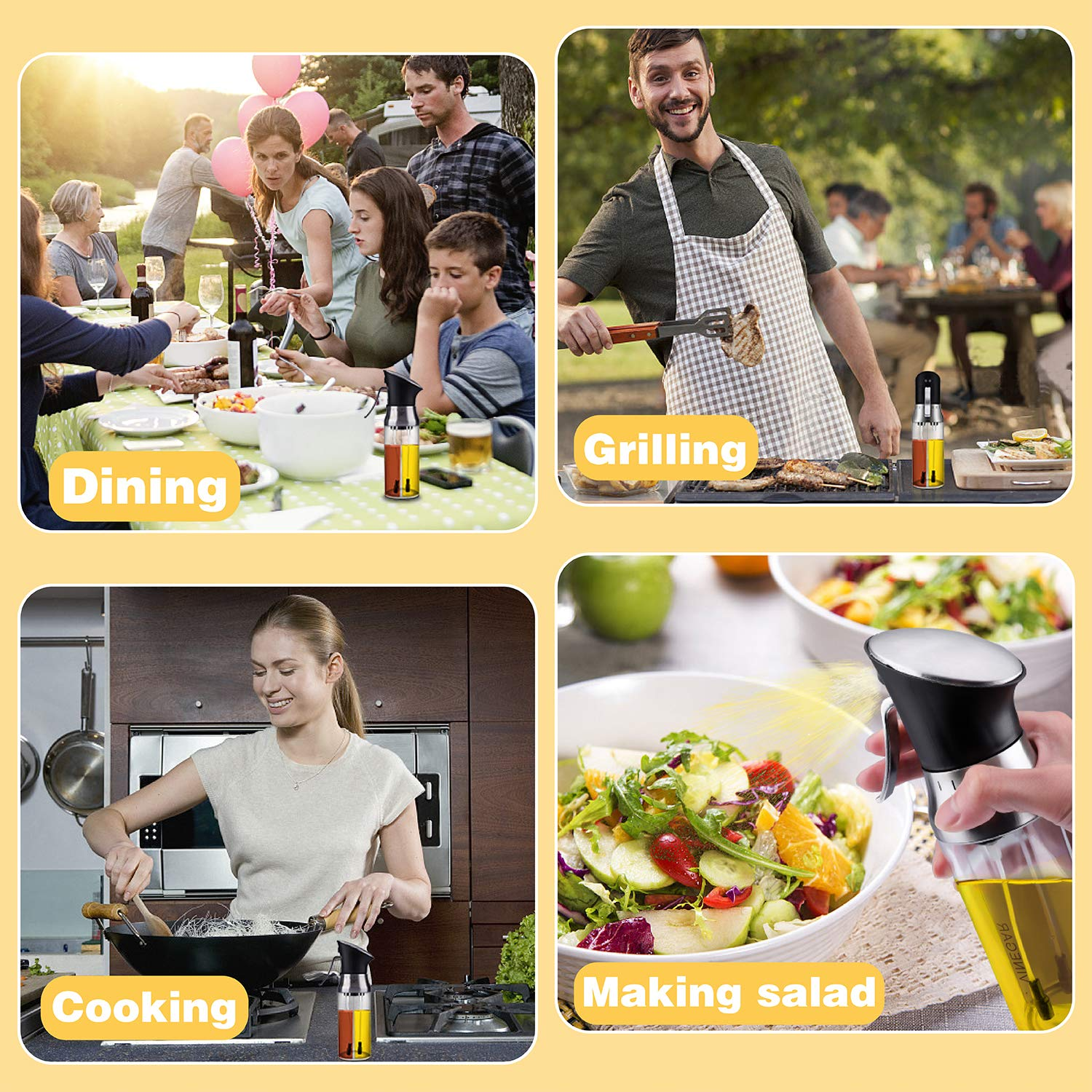 Das Bild zeigt vier Szenen: Essen, Grillen, Kochen und Salat zubereiten. Jede Szene zeigt eine Person, die einen Ölsprüher benutzt.