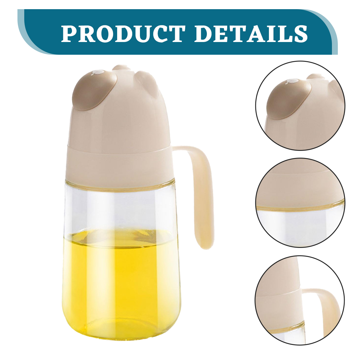Ein beige-farbiger und klarer Glas-Ölspender mit bärenförmigem Deckel ist mit gelbem Öl gefüllt. Details von Deckel und Griff werden gezeigt.