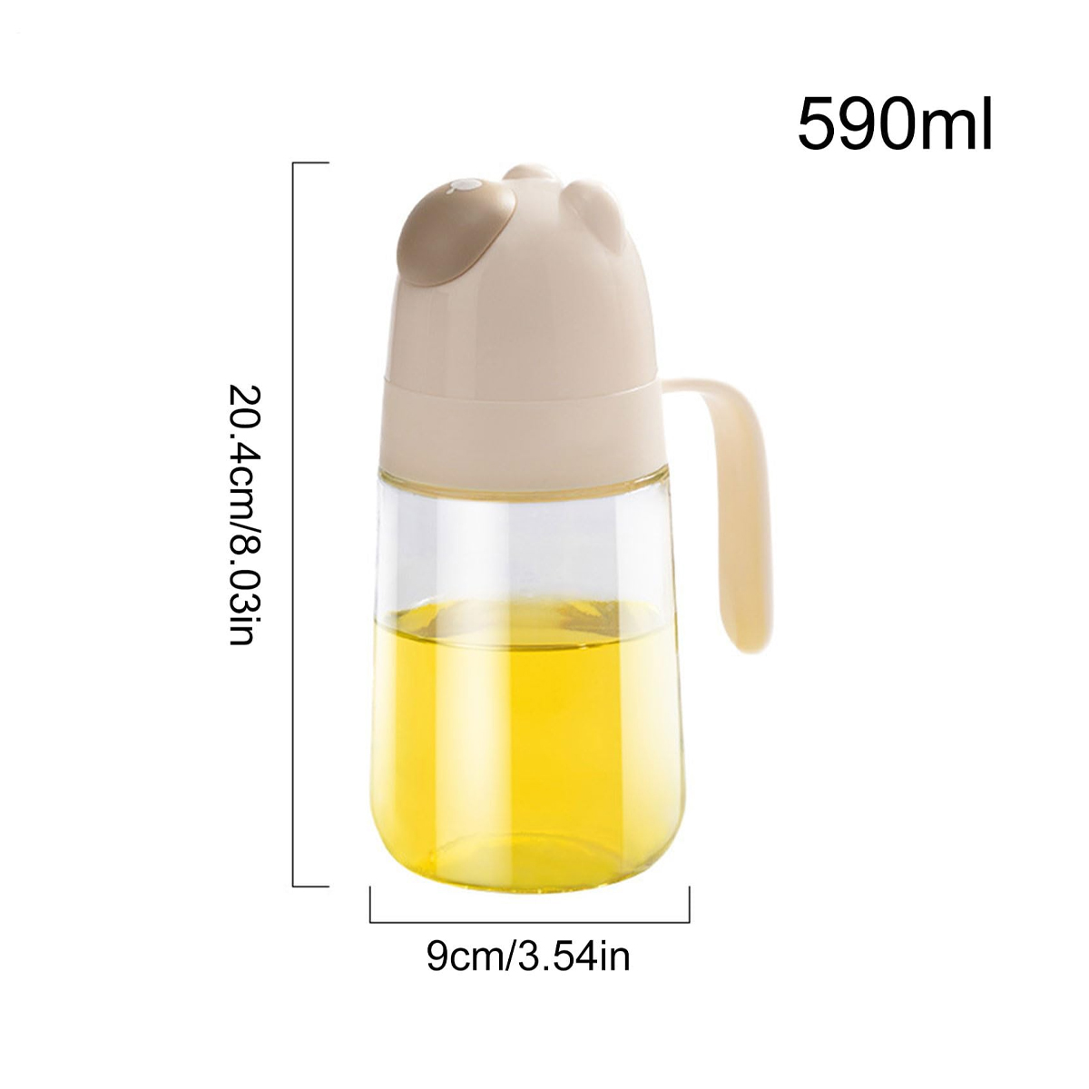 Ein klarer Glas-Ölspender mit einem bärenförmigen Deckel. Er enthält gelbes Öl und hat einen Griff. Abmessungen und Fassungsvermögen werden angezeigt.