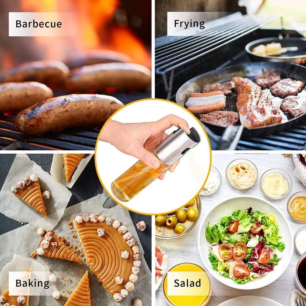 Eine Collage mit Grillen, Braten, Backen und Salat. Eine Hand hält eine Sprühflasche. Verschiedene Lebensmittel werden gezeigt.