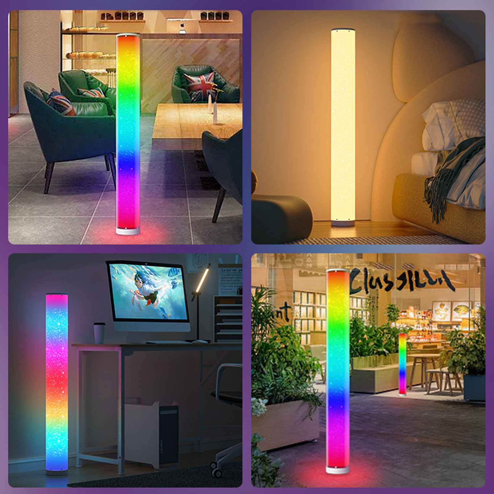 Eine bunte Stehlampe wird in verschiedenen Umgebungen gezeigt. Sie hat einen Farbverlauf von Rot bis Blau mit weißen Sternen.