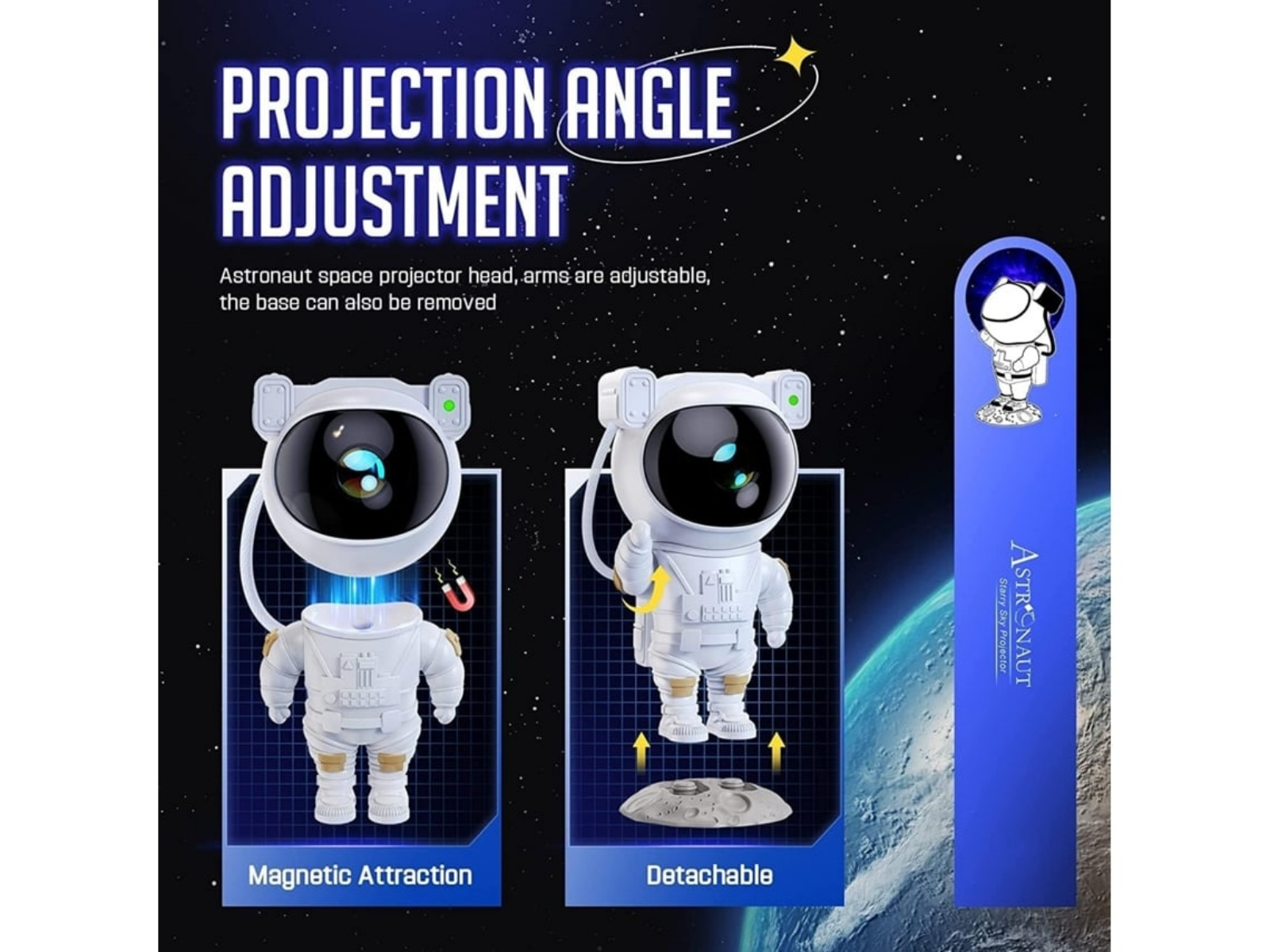 Das Bild zeigt einen astronautenförmigen Projektor mit verstellbaren Armen. Es kann von seiner Basis getrennt werden. Der Hintergrund zeigt den Weltraum.