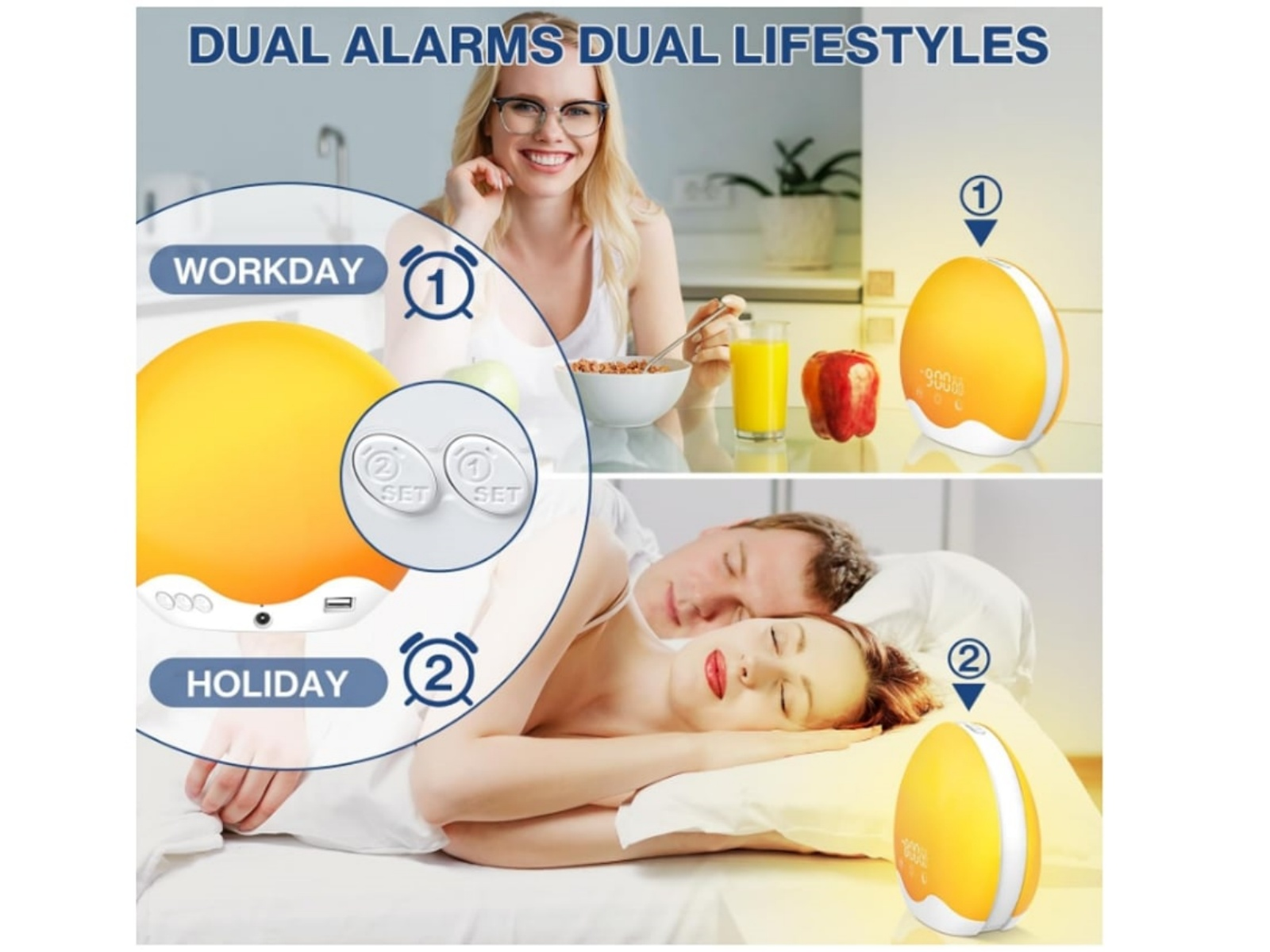 Das Bild zeigt zwei Szenen: eine Frau beim Essen und ein schlafendes Paar. Wecker sind abgebildet. Text: Dual Alarms Dual Lifestyles.