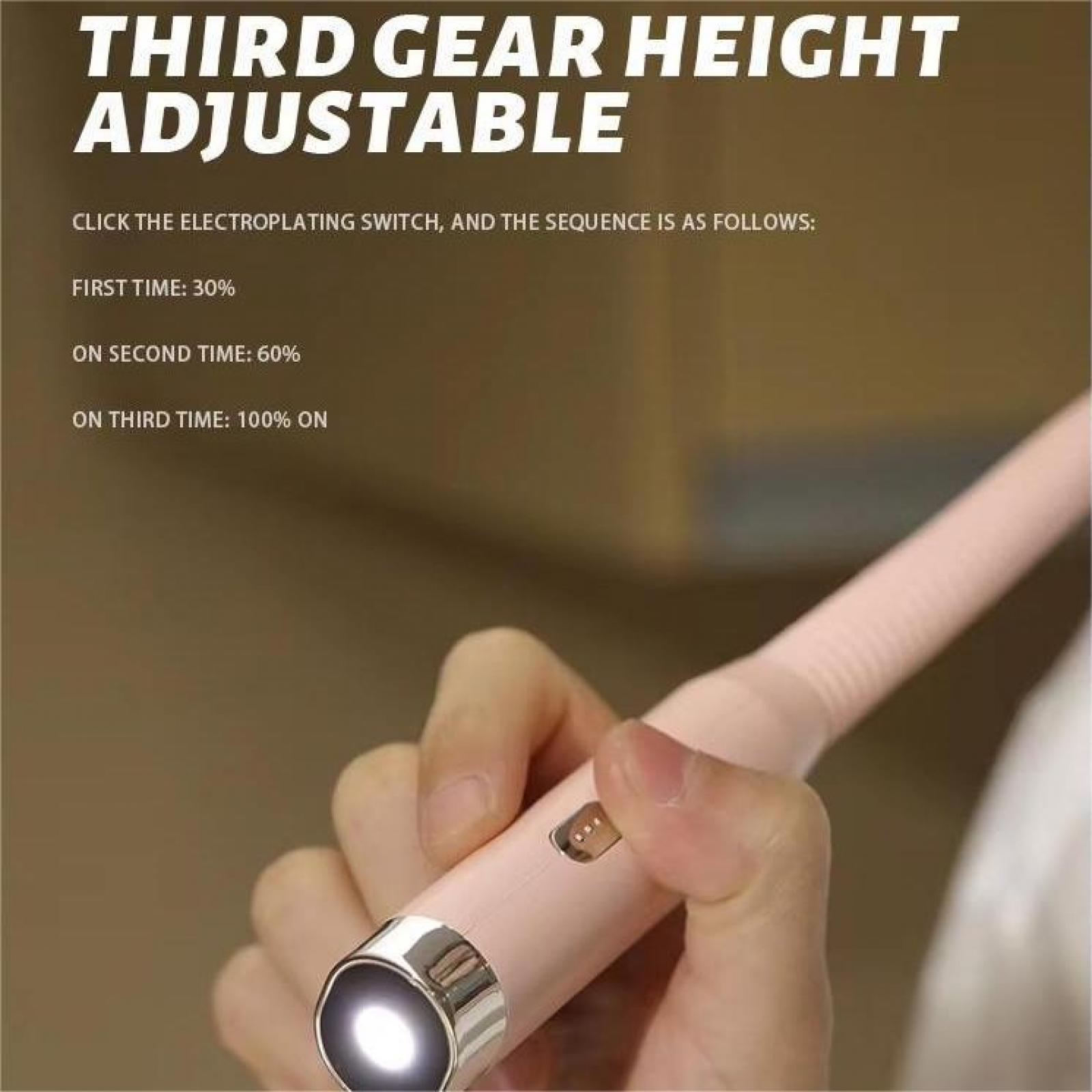 Eine Hand hält eine rosa verstellbare Lampe. Text zeigt die Einstellungen des Lichts bei 30 %, 60 % und 100 % an.