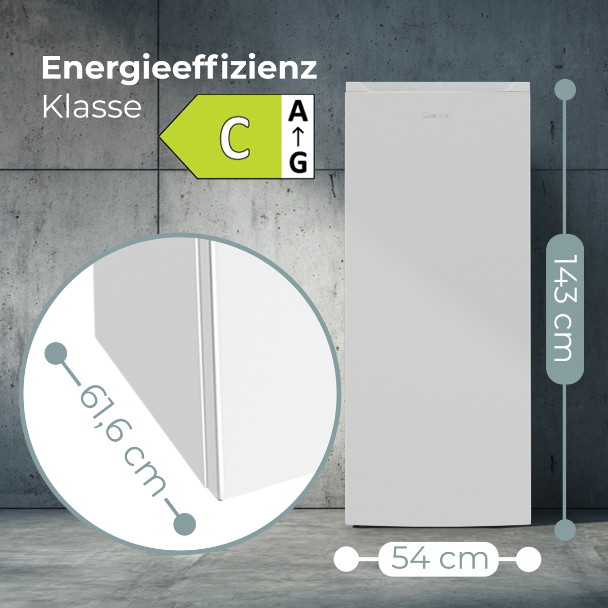 Ein weißer Kühlschrank mit Maßangaben. Energieeffizienzlabel zeigt Bewertung C. Maße: 143 cm hoch, 54 cm breit, 61,6 cm tief.