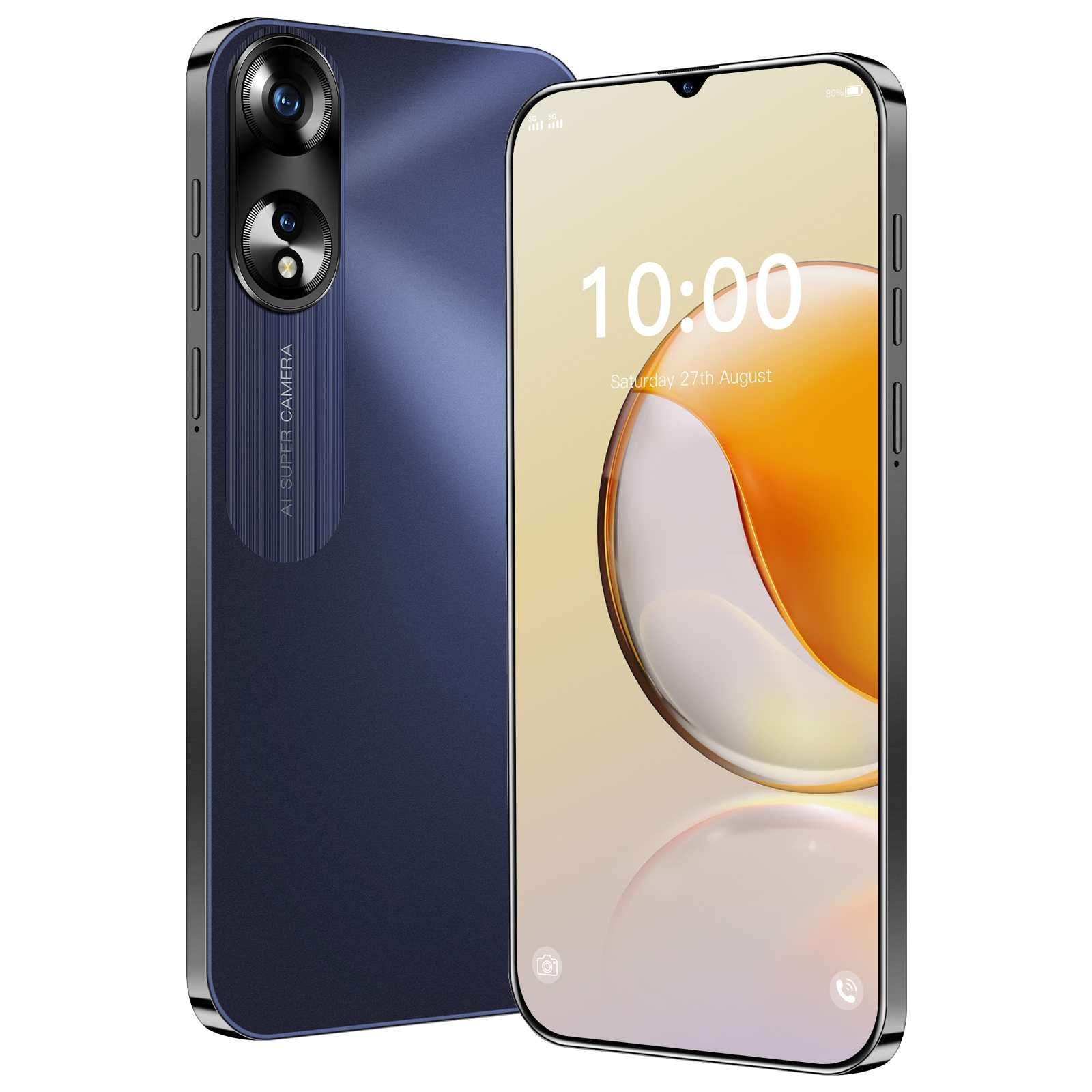 Ein dunkelblaues Smartphone mit einem Dual-Kamerasystem auf der linken Seite und einem Bildschirm, der die Uhrzeit anzeigt.