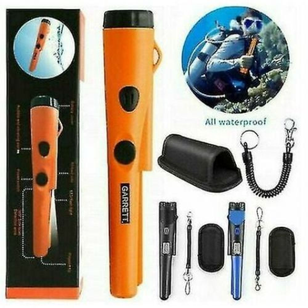Ein orangefarbener Garrett-Metalldetektor mit Zubehör. Enthält einen Taucher unter Wasser, schwarze Hüllen und verschiedene Detektoren.