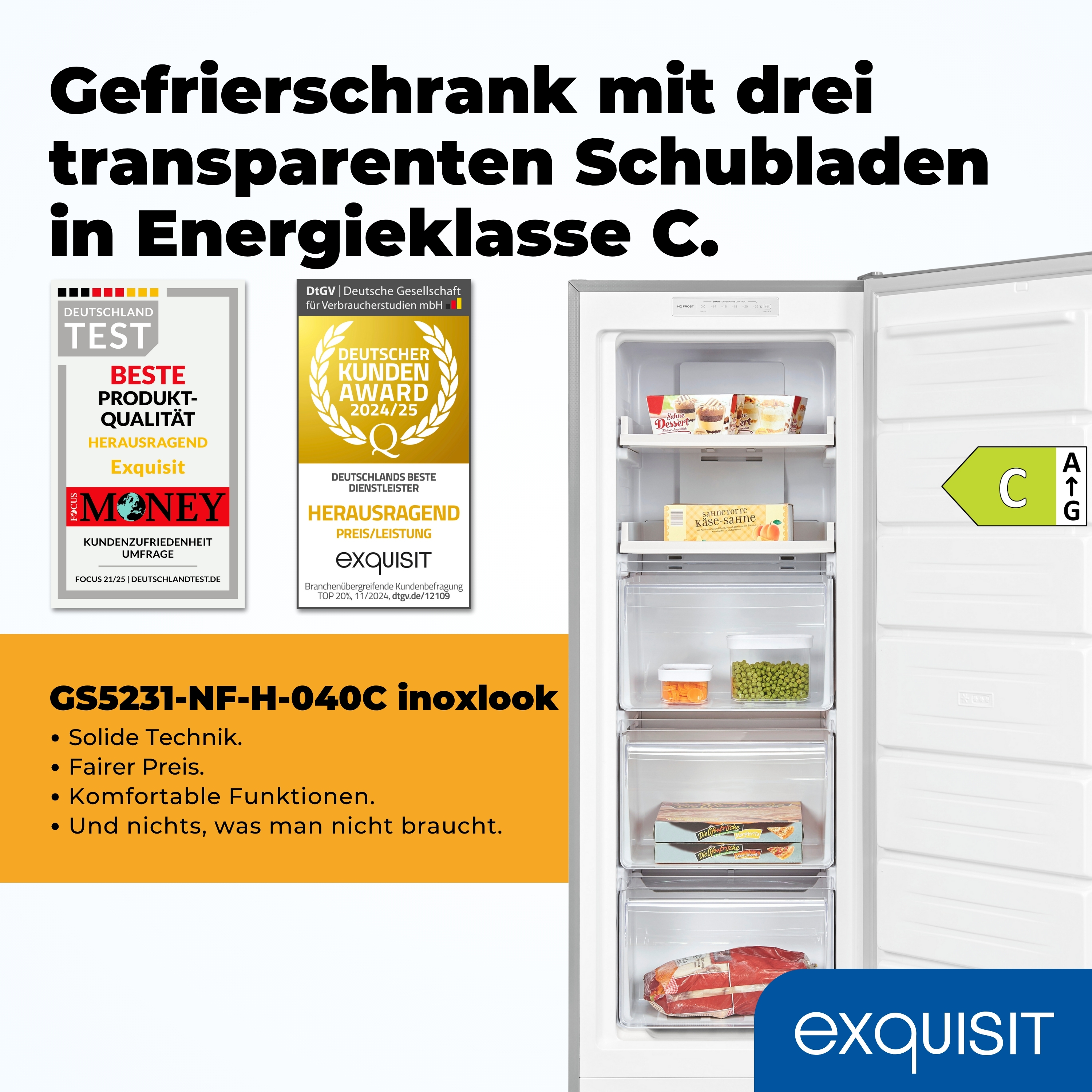 Ein Kühlschrank mit drei transparenten Schubladen. Enthält Lebensmittel und hat die Energieklasse C.