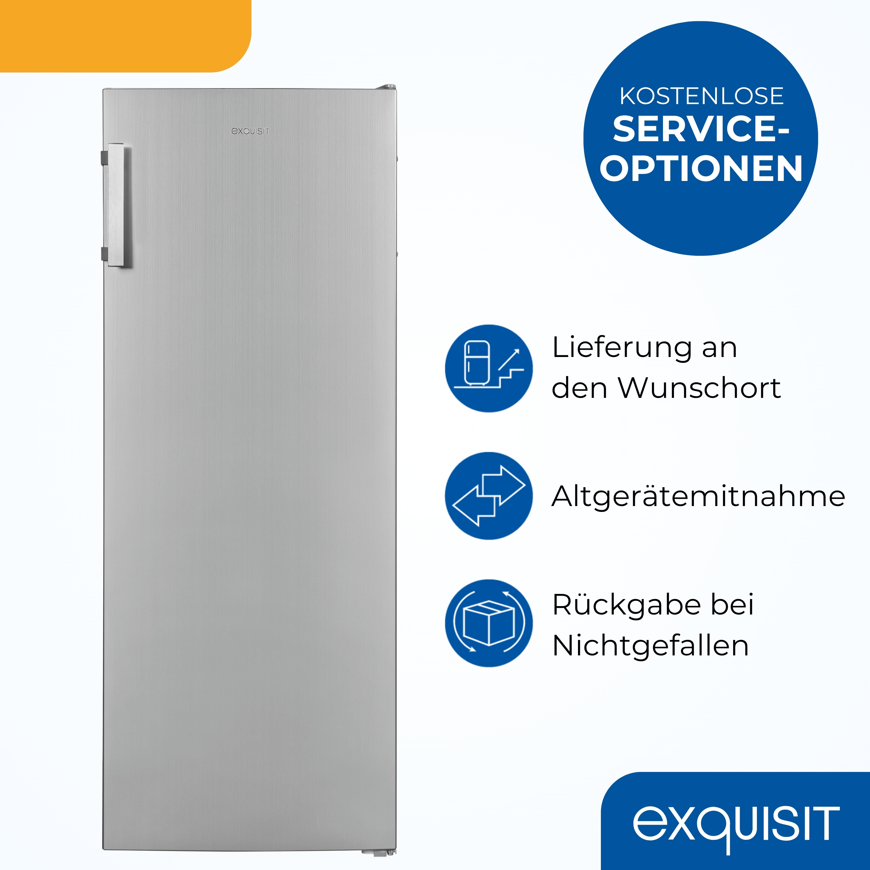 Silberner Kühlschrank mit der Marke Exquisit. Blaue Kreise mit Serviceoptionen. Der Hintergrund ist weiß.