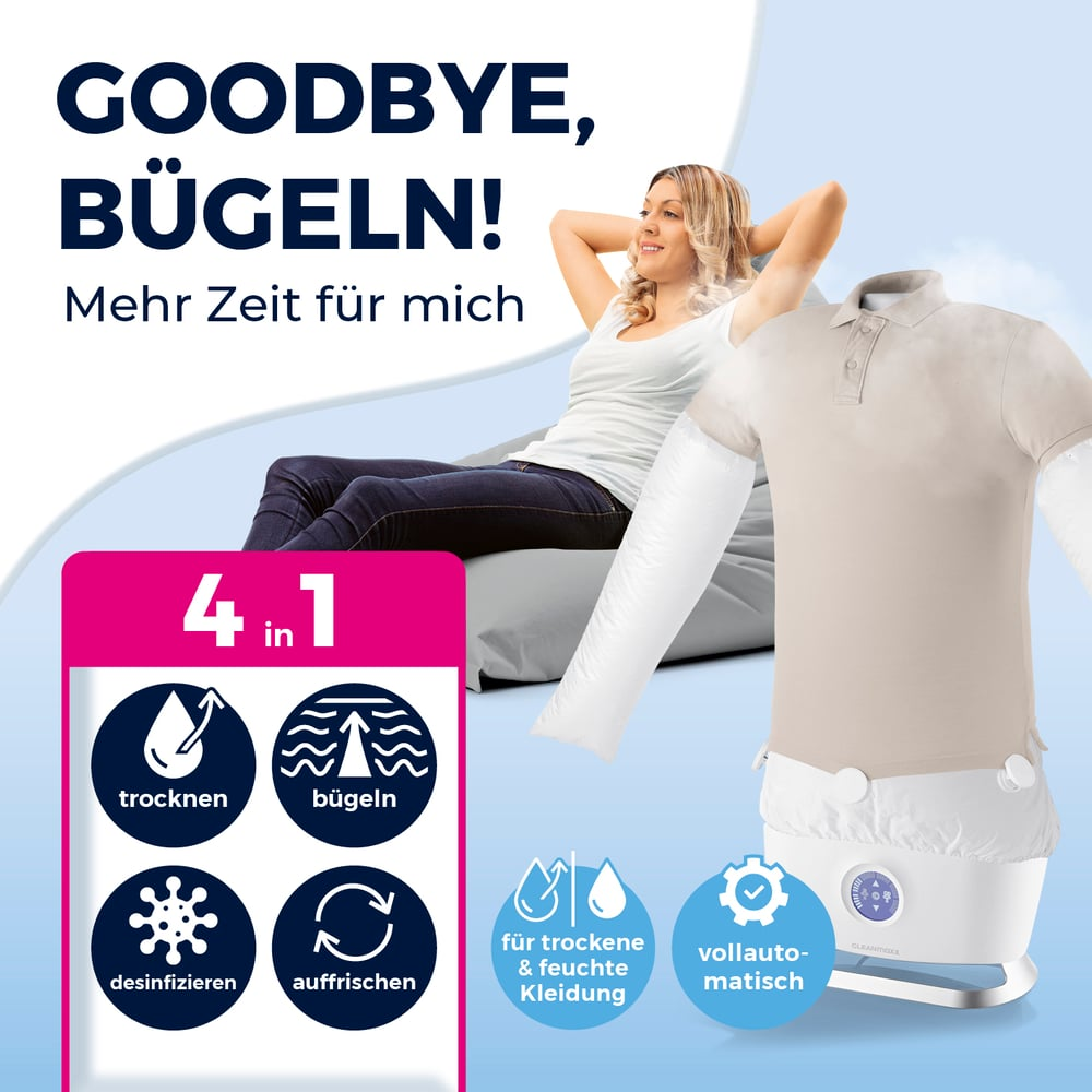 Entspannte Frau, Produkt zum Bügeln von Kleidung. Funktionen: Trocknen, Bügeln, Desinfizieren und Auffrischen. Maschine zur automatischen Nutzung.