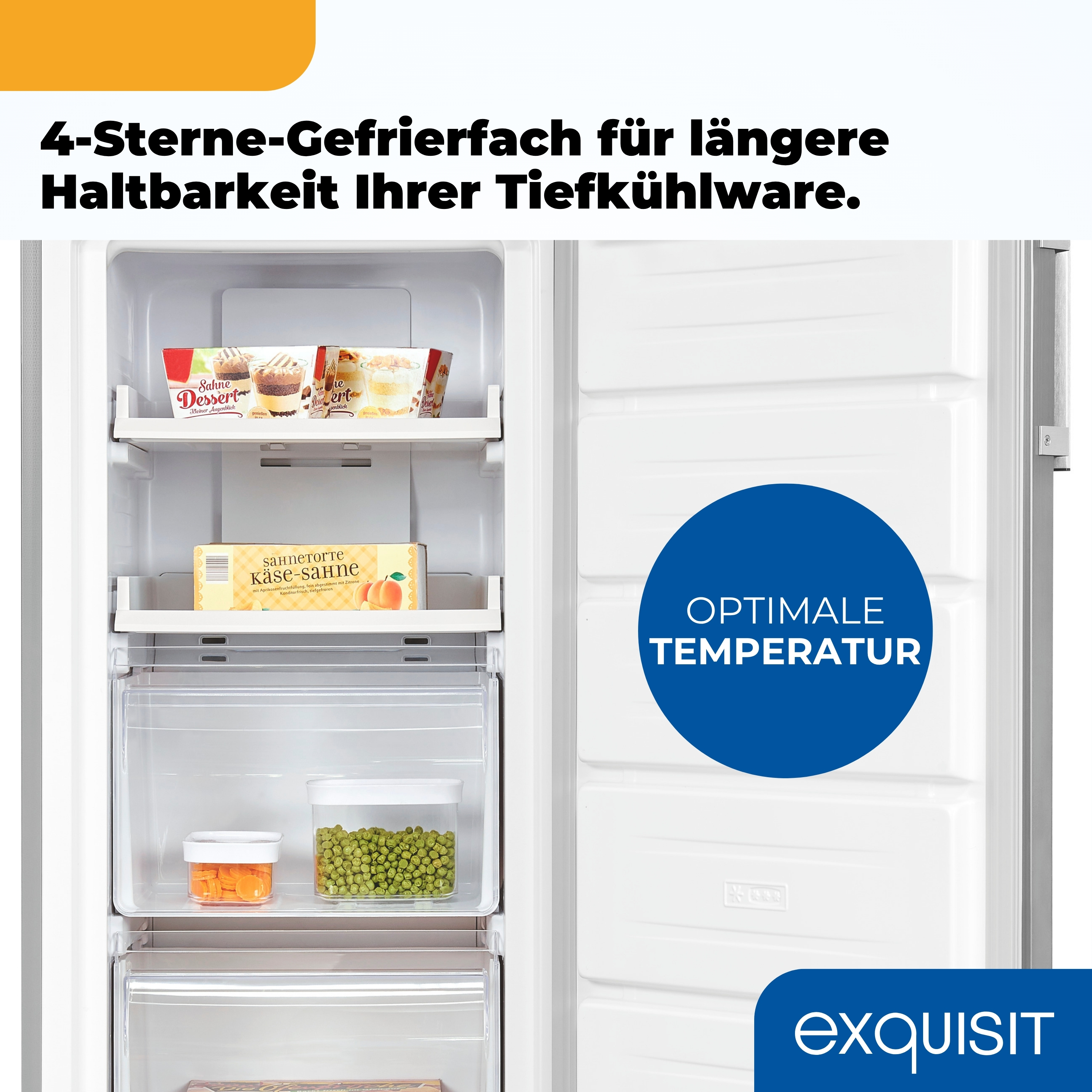 Ein Kühlschrank mit Tiefkühlkost. Es gibt Regale mit Desserts, Erbsen, Karotten und einem blauen Kreis.