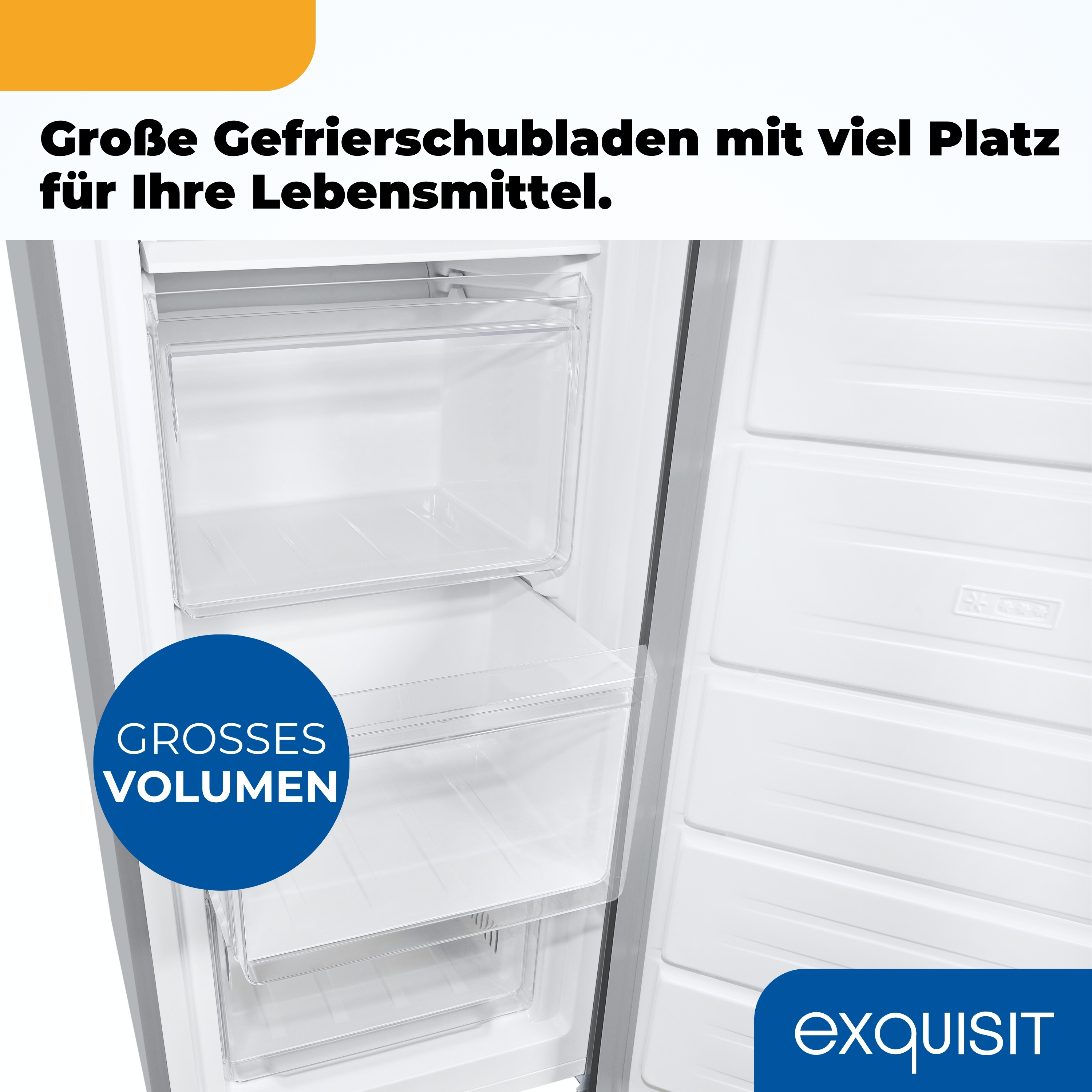 Offener Gefrierschrank mit durchsichtigen Schubladen. Text: 'Große Gefrierschubladen mit viel Platz'. Marke: 'exquisit'.