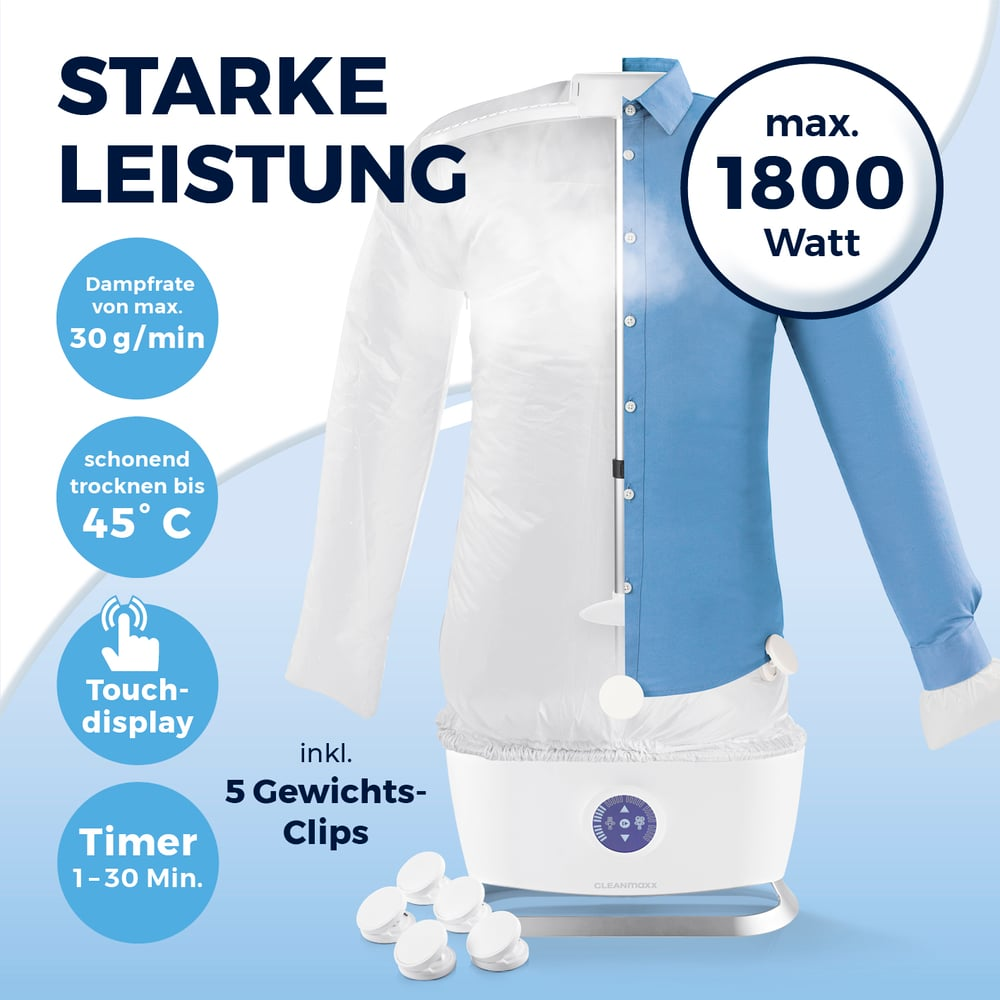 Ein Hemdentrockner mit blauem Hemd rechts und weißer Plastikabdeckung links. Text enthält '1800 Watt' und '5 Gewichts-Clips'.