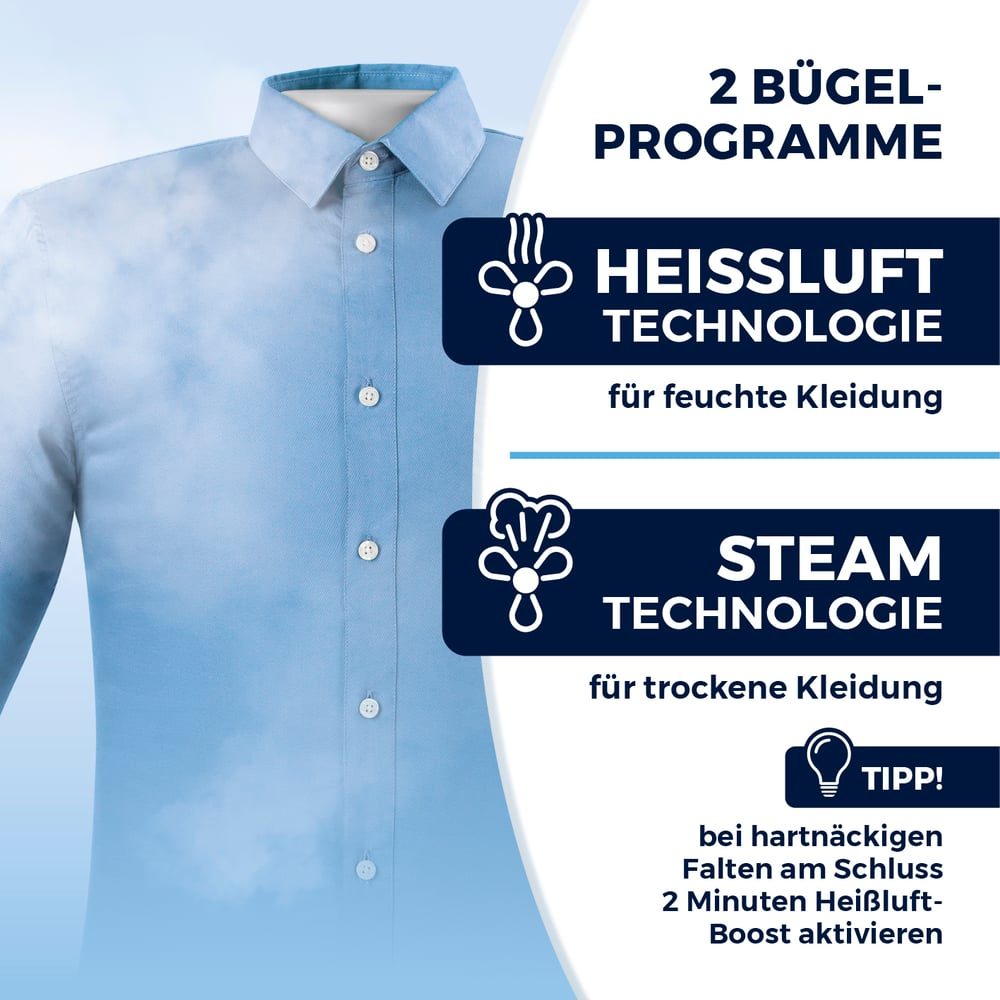 Ein hellblaues Hemd mit Text, der zwei Bügelprogramme beschreibt: Heißluft für feuchte und Dampf für trockene Kleidung. Ein Tipp ist angegeben.