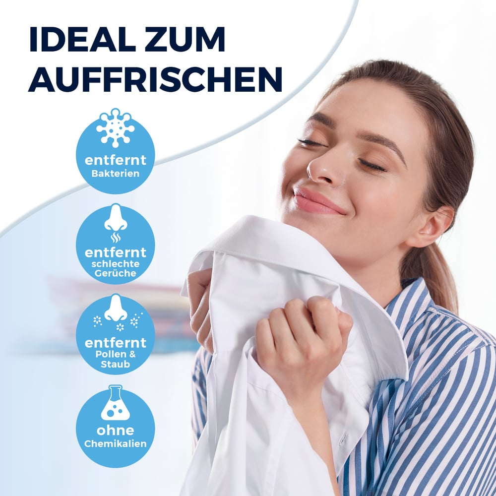 Eine lächelnde Frau hält ein weißes Hemd. Der Text oben lautet 'Ideal zum Auffrischen'. Symbole zeigen die Entfernung von Bakterien, Gerüchen, Pollen und Chemikalien.