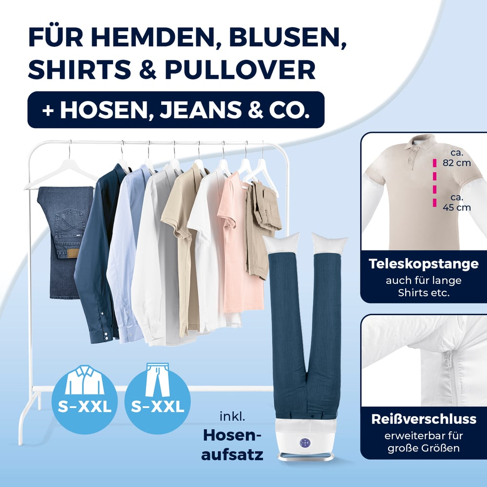 Kleidung auf Kleiderbügeln: Hemden, Jeans. Details: Teleskopstange, Reißverschluss für große Größen. Text: Für Hemden, Blusen, Jeans.