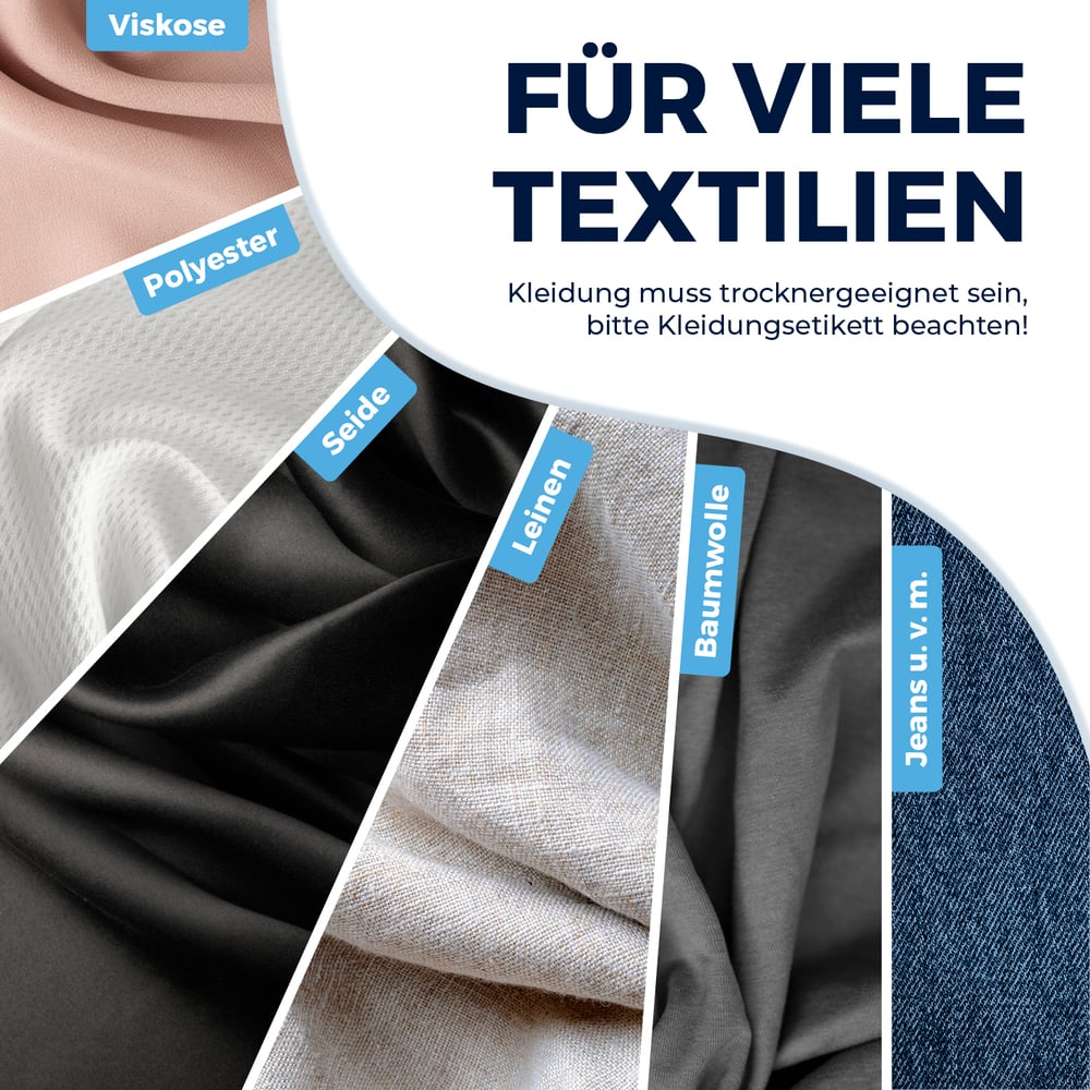 Bild zeigt Stoffproben: Viskose, Polyester, Seide, Leinen, Baumwolle und Jeans. Text sagt 'FÜR VIELE TEXTILIEN' und Trocknungsanweisungen.