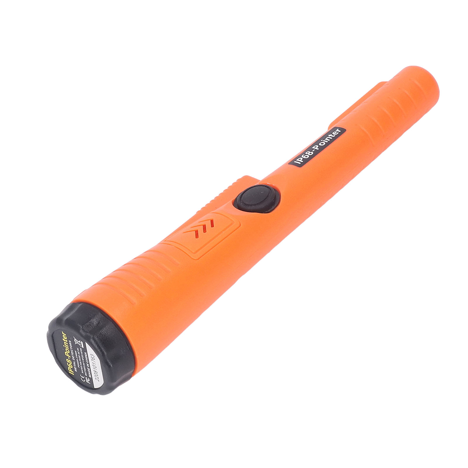 Ein orangefarbener IP68-Pointer Metalldetektor auf weißem Hintergrund. Er hat einen schwarzen Knopf und Pfeile.