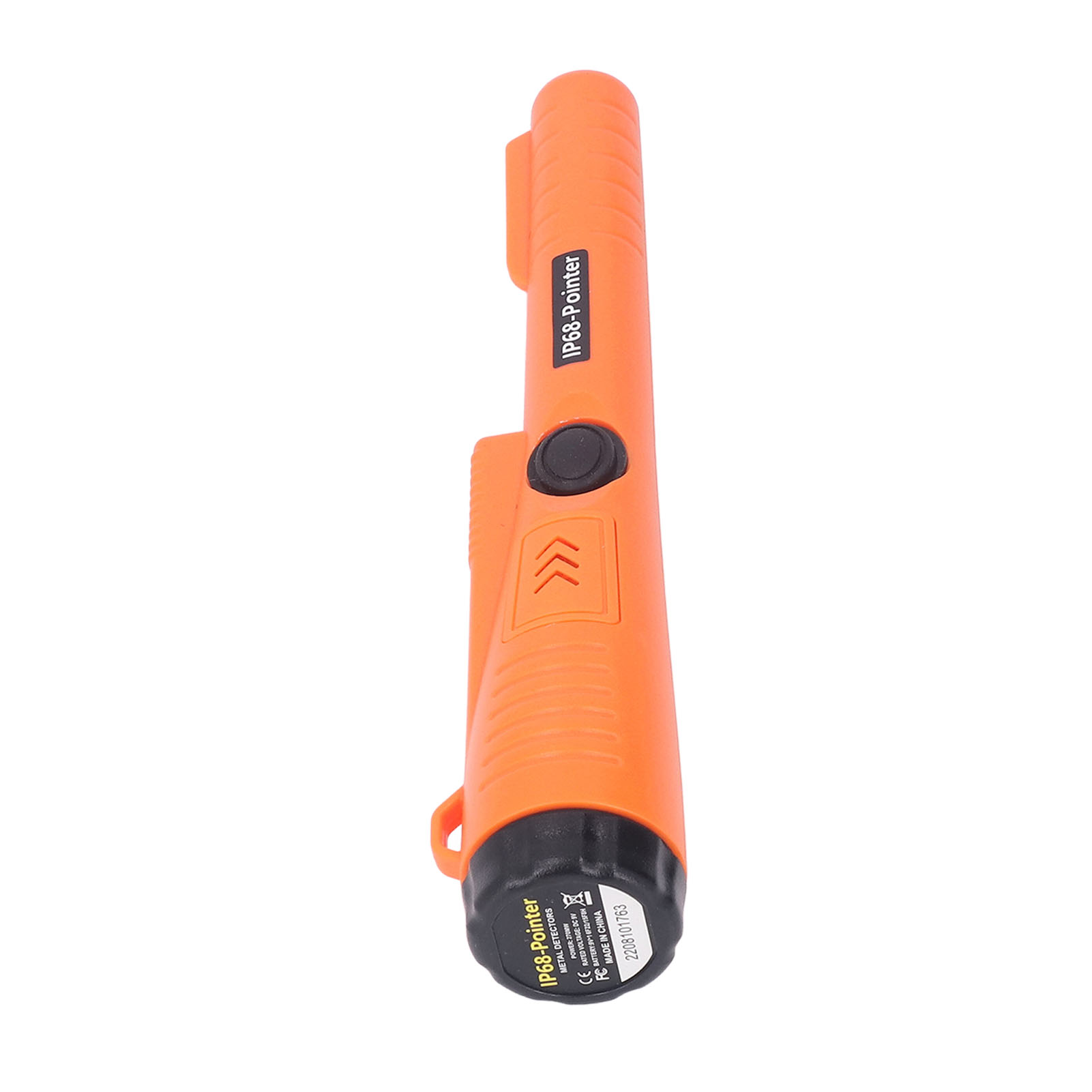 Ein orangefarbener Metalldetektor mit schwarzem Knopf und Griff. Der Markenname lautet IP68-Pointer.