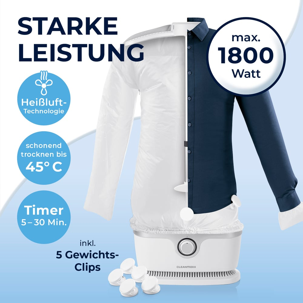 Eine Hemdentrocknungsmaschine mit einem blauen Hemd rechts, weißer Abdeckung links. Text: Starke Leistung, max. 1800 Watt.