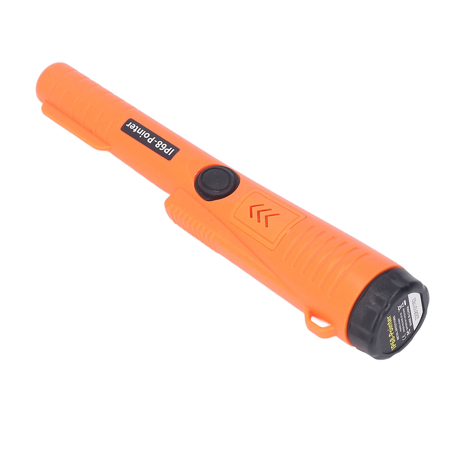 Ein orangefarbener IP68-Pointer Metalldetektor mit schwarzem Knopf und schwarzer Spitze, auf weißem Hintergrund.