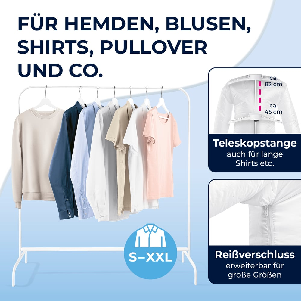 Ein Kleiderständer zeigt Hemden, Blusen und Pullover. Ein Diagramm zeigt ein weißes Kleidungsstück mit Maßen und Text auf Deutsch.
