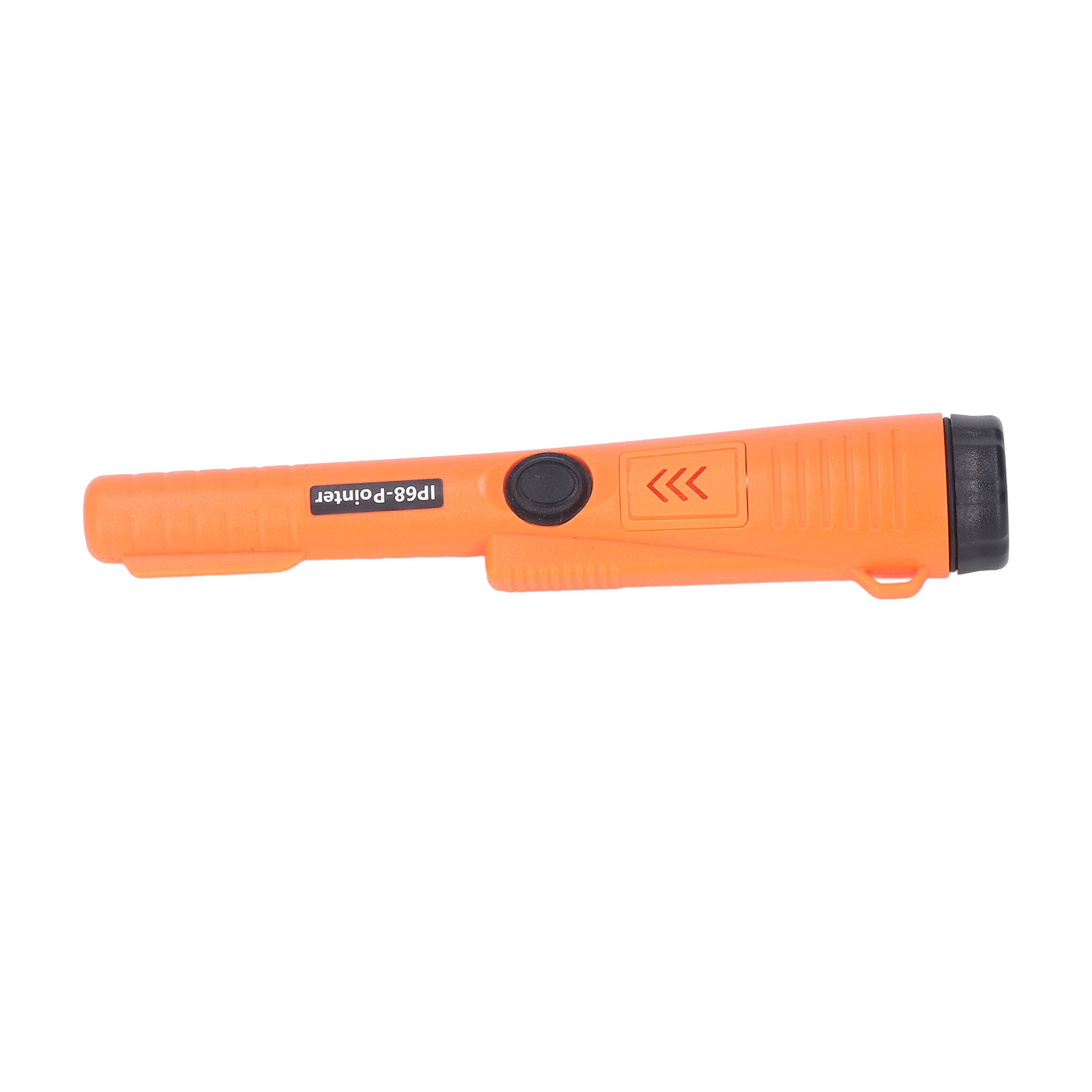 Ein orangefarbener Metalldetektorzeiger mit schwarzem Knopf und Pfeilen. Er hat den Text 'IP68-Pointer'.