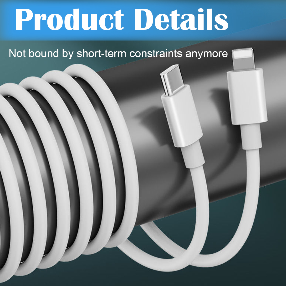 Weiße USB-C- und Lightning-Kabel. Ein aufgerolltes Kabel und ein schwarzer Hintergrund. Produktdetails-Text steht oben.