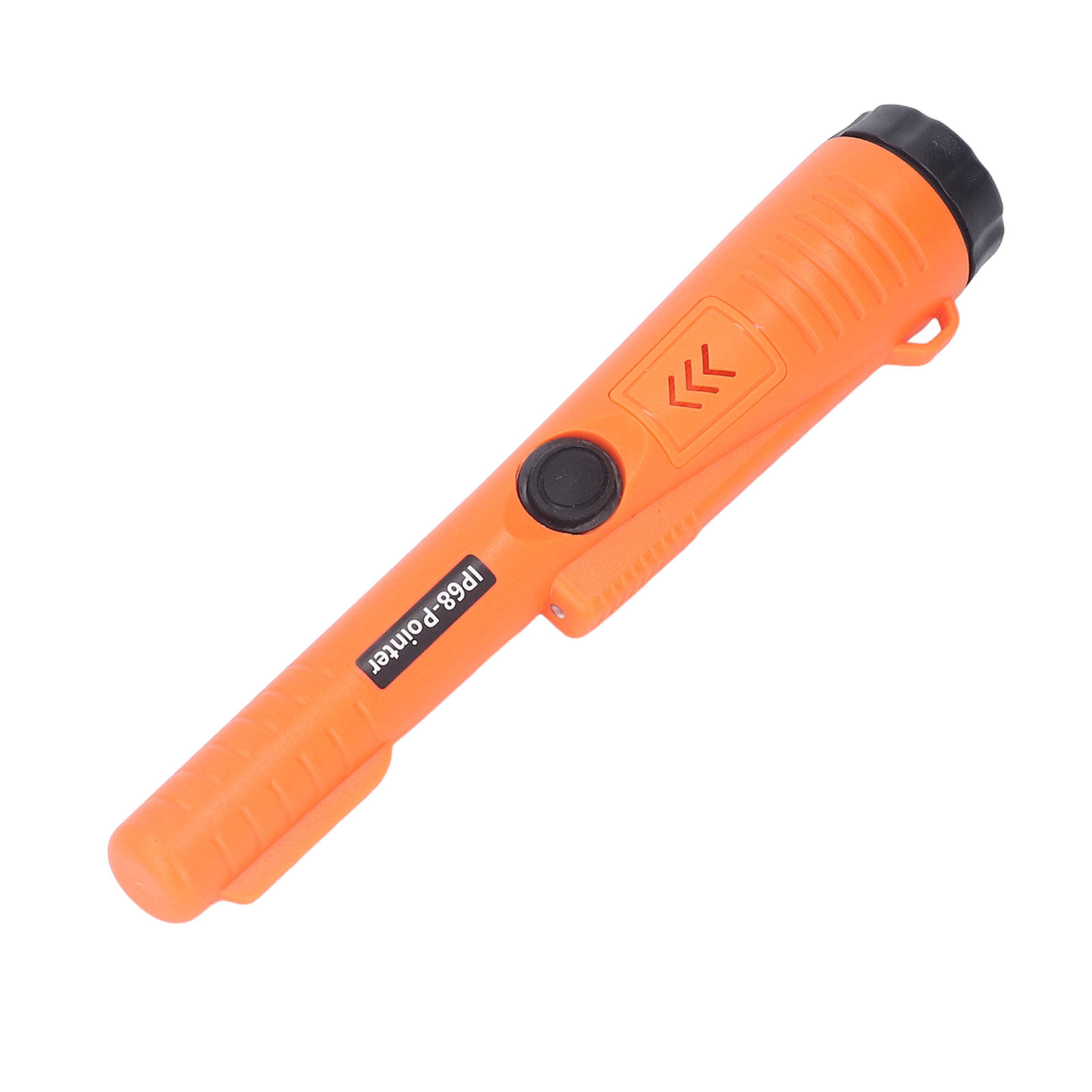 Ein orangefarbener Metalldetektor mit schwarzer Spitze und Knopf sowie Pfeilen. Er trägt den Text "IP68-Pointer".