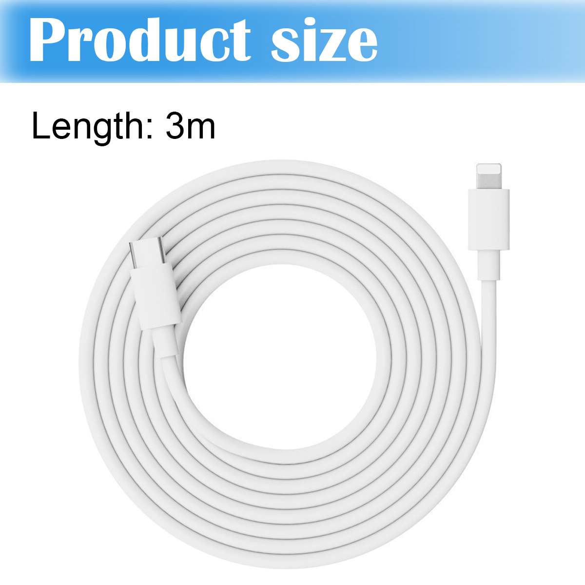 Weißes, aufgerolltes Ladekabel mit USB-C- und Lightning-Anschlüssen. Oben steht 'Produktgröße', darunter 'Länge: 3m'.