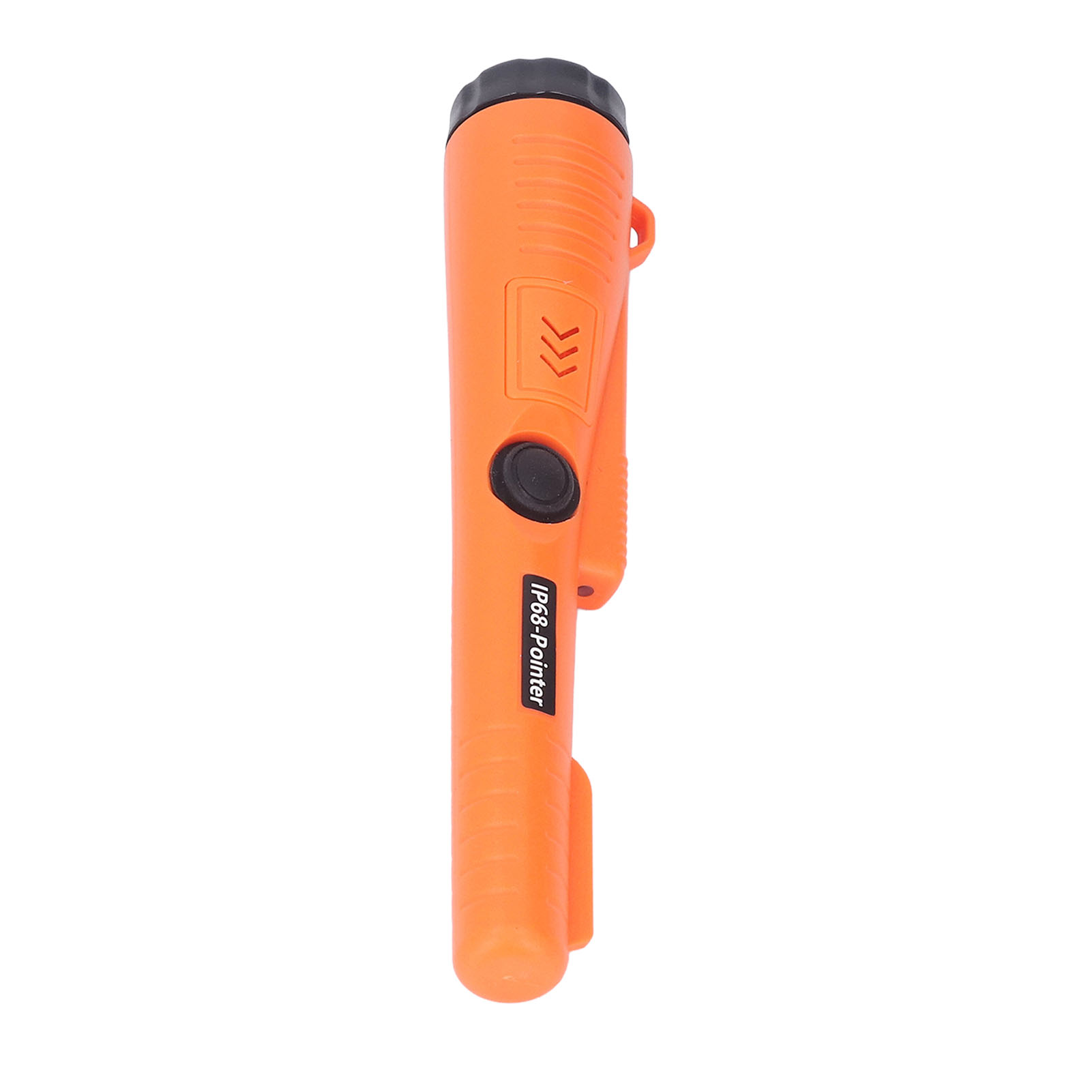 Ein orangefarbener IP68-Pointer-Metalldetektor auf weißem Hintergrund. Er hat einen schwarzen Deckel und Knopf sowie drei Pfeile.