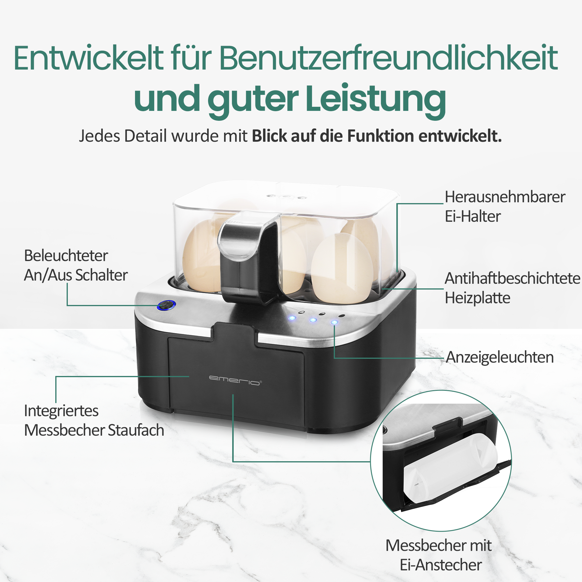 Ein Eierkocher mit einem durchsichtigen Deckel, mit Eiern darin. Es hat einen schwarzen Sockel und eine silberne Oberseite.