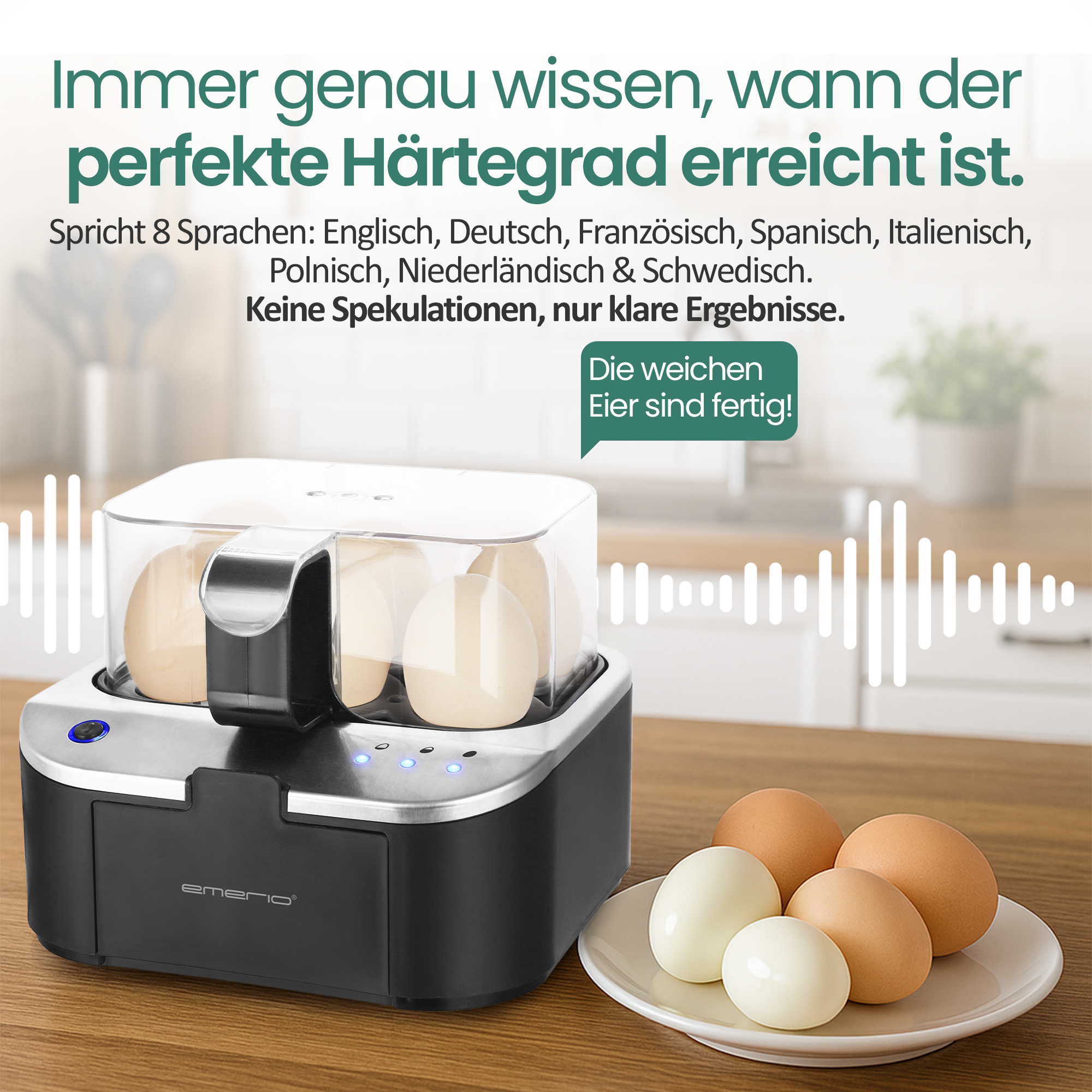 Ein Eierkocher mit Eiern innen und außen. Text sagt 'perfekter Härtegrad'. Verschiedene Sprachen sind aufgeführt.