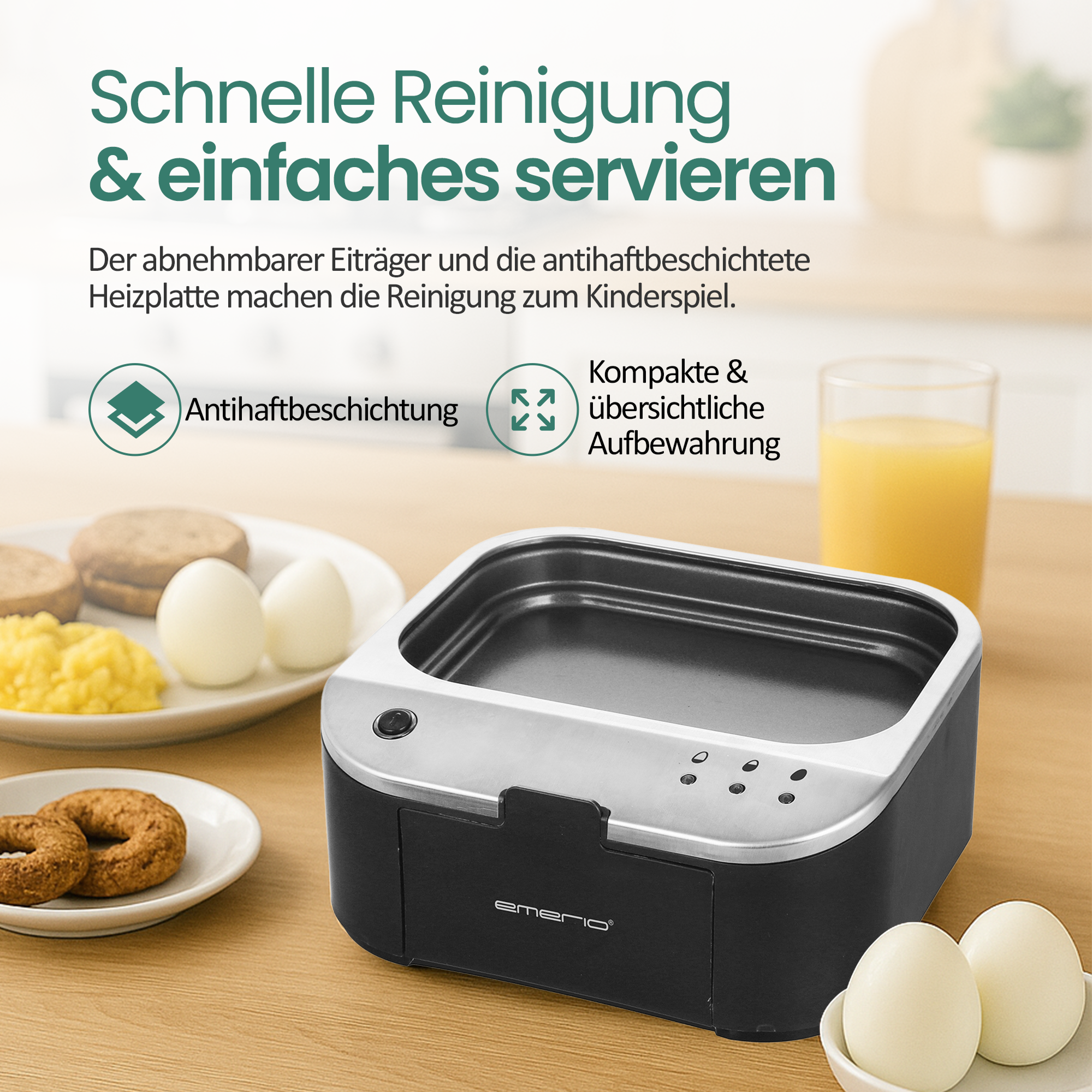 Ein Küchengerät mit Lebensmitteln und einem Glas Saft. Toast, Eier und Bagels sind sichtbar.