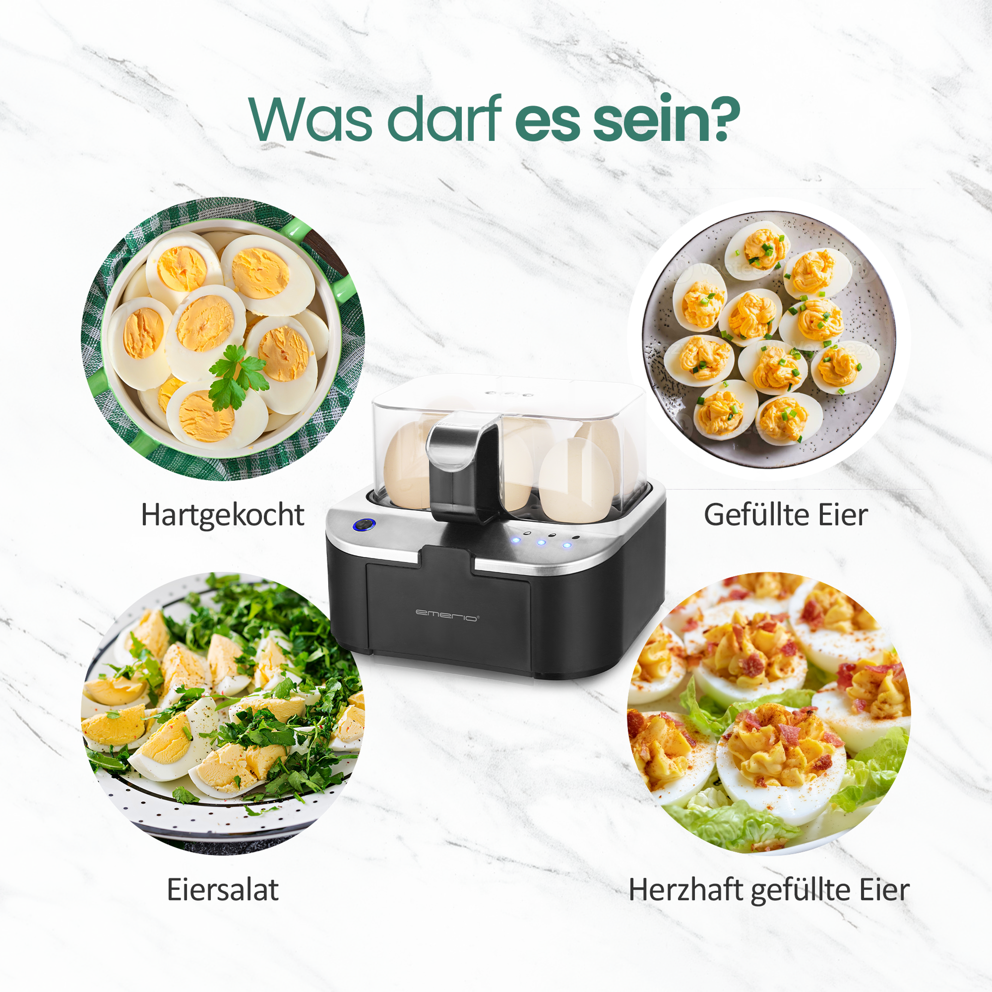 Das Bild zeigt einen Eierkocher mit vier Eierspeisen: gekochte Eier, gefüllte Eier, Eiersalat und herzhafte gefüllte Eier.