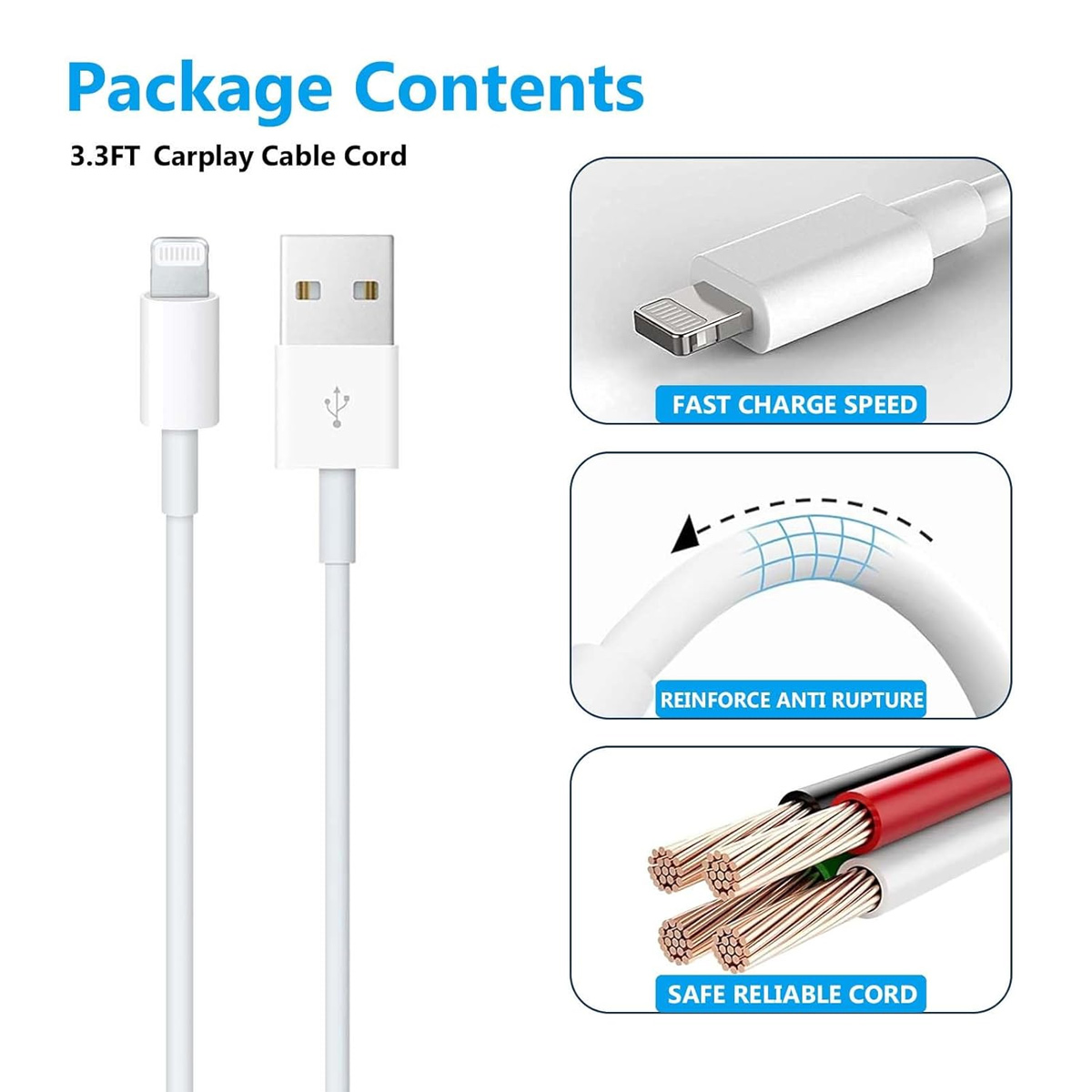 Das Bild zeigt ein weißes Ladekabel sowie Details zu schnellem Laden, Reißfestigkeit und sicherer, zuverlässiger Leitung.