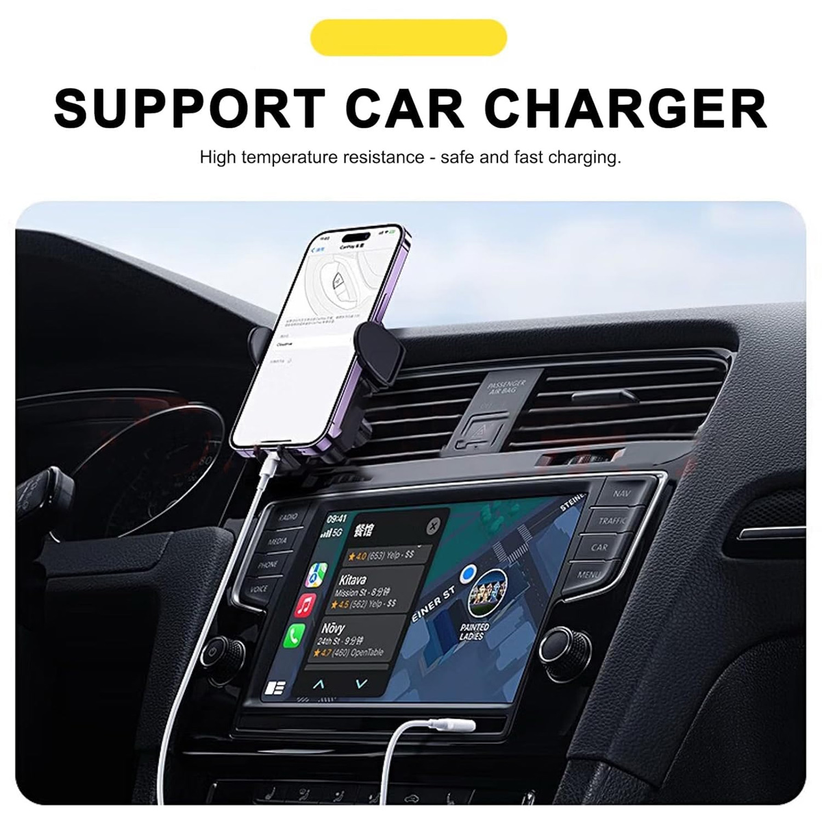 Ein Telefon, das in einer Autohalterung geladen wird. Das Armaturenbrett des Autos zeigt einen Navigationsbildschirm.