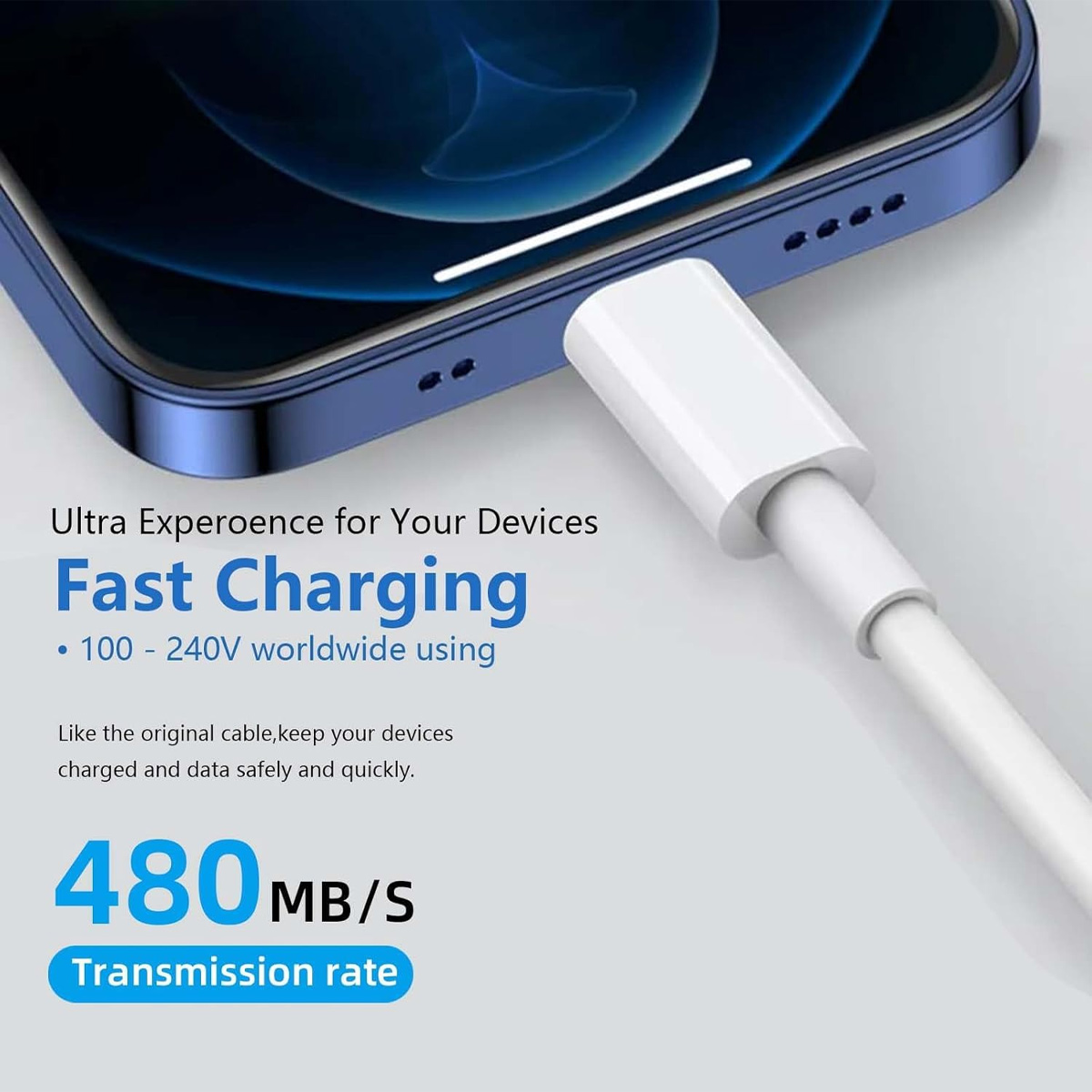 Ein Telefon wird mit einem weißen Kabel aufgeladen. Text sagt 'Schnelles Laden' und '480 MB/S Übertragungsrate'.