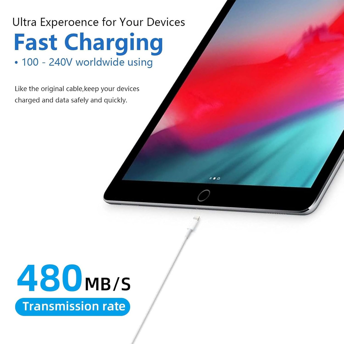 Tablet wird mit einem weißen Kabel geladen, Text über schnelles Laden und Datenübertragungsrate.