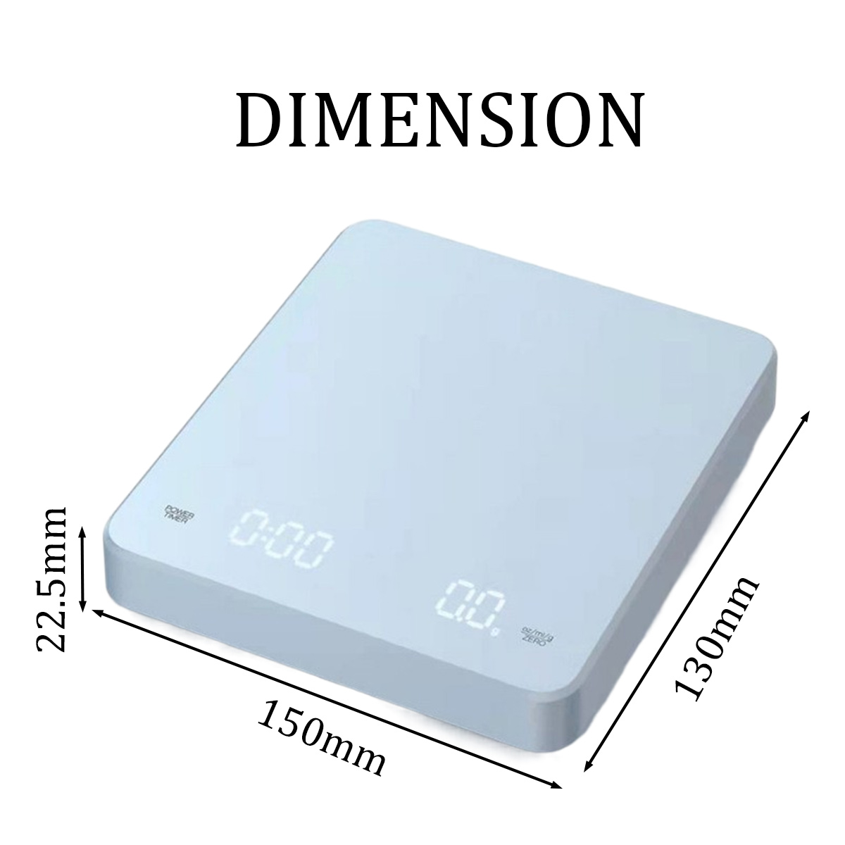 Eine hellblaue Digitalwaage mit Maßangaben. Die Waage zeigt 0:00 und 0,0 an. Die Maße sind 150 mm x 130 mm x 22,5 mm.