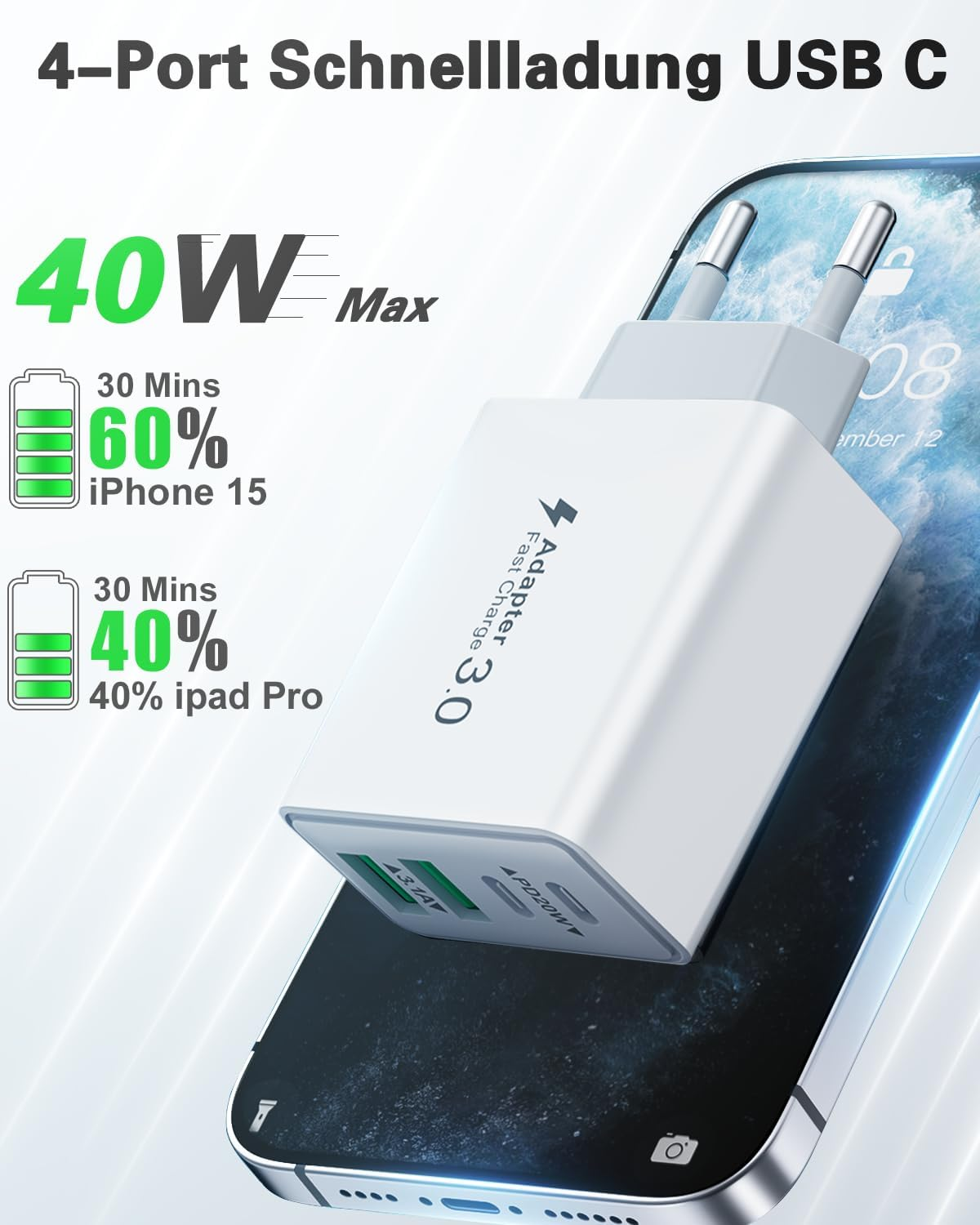 Ein weißes USB-C-Ladegerät ist an ein Telefon angeschlossen. Das Bild zeigt Ladegeschwindigkeiten und Prozentsätze für iPhone 15 und iPad Pro.